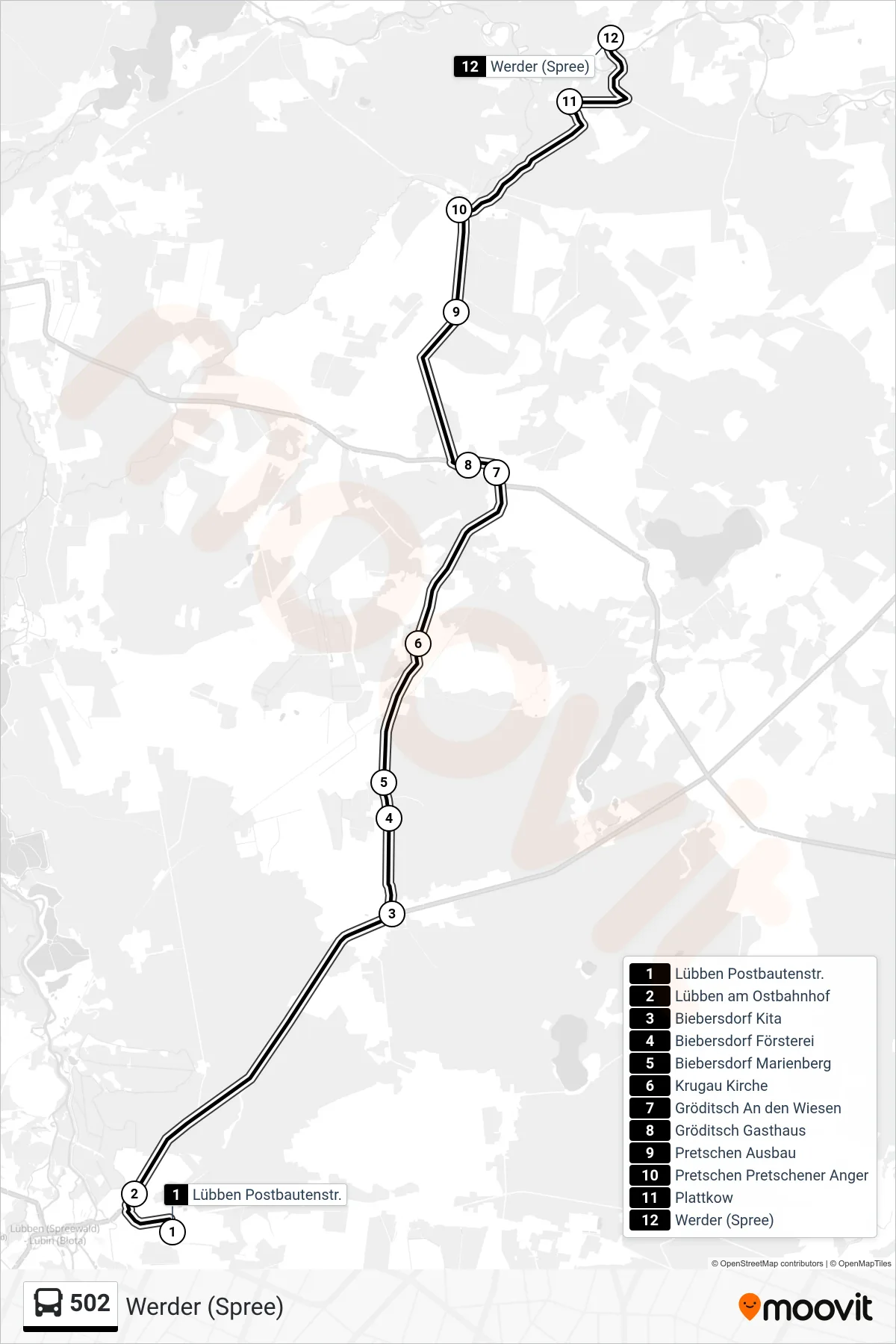 502 bus Line (Werder (Spree)) route and stops on a map