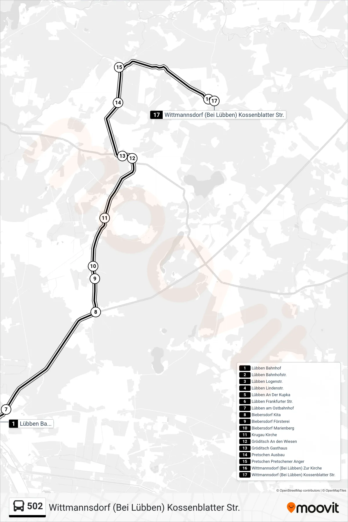 Linie 502 (Bus) Richtung Wittmannsdorf (Bei Lübben) Kossenblatter Str.: Route und Haltestellen auf der Karte