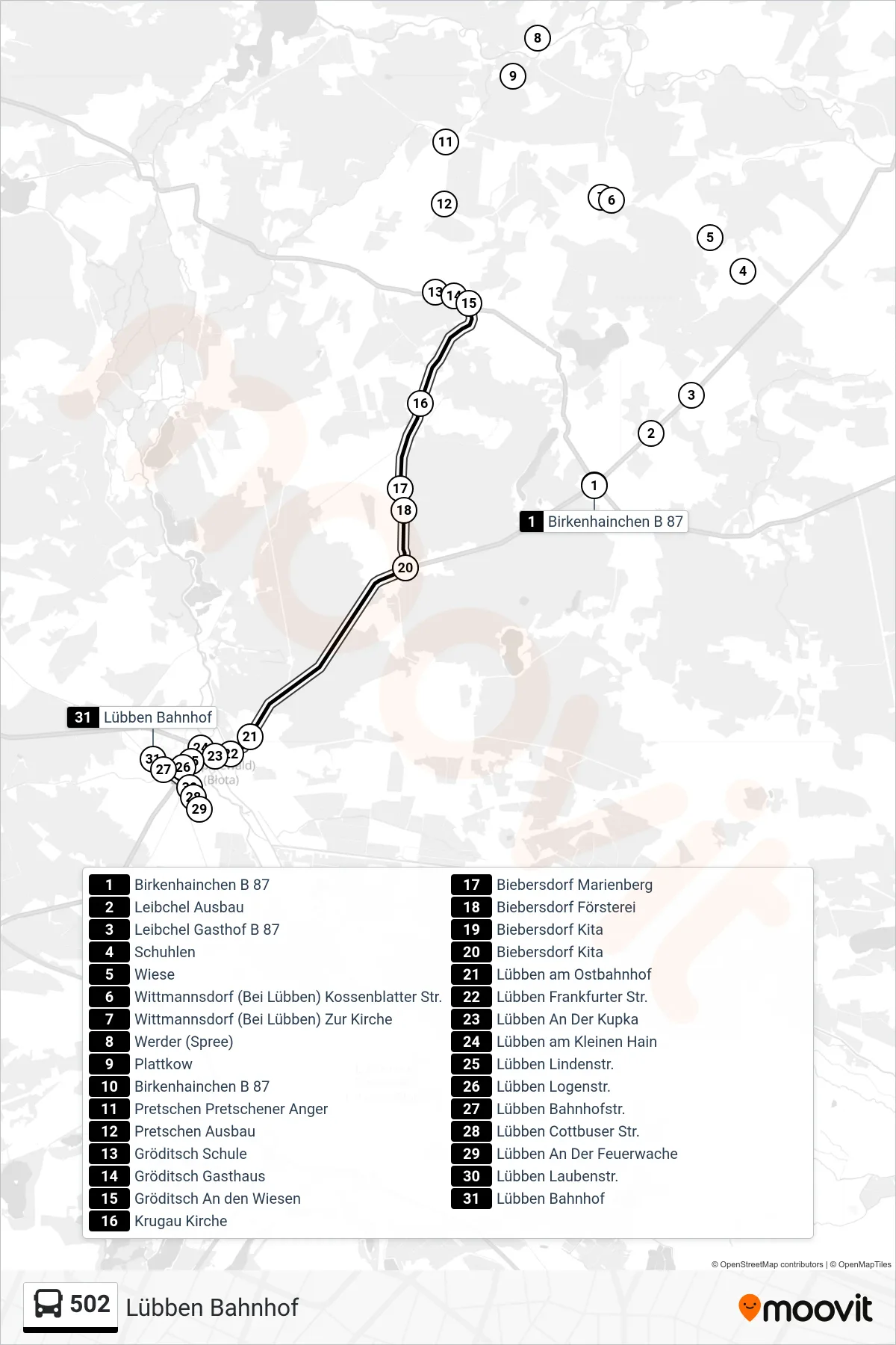 Linie 502 (Bus) Richtung Lübben Bahnhof: Route und Haltestellen auf der Karte