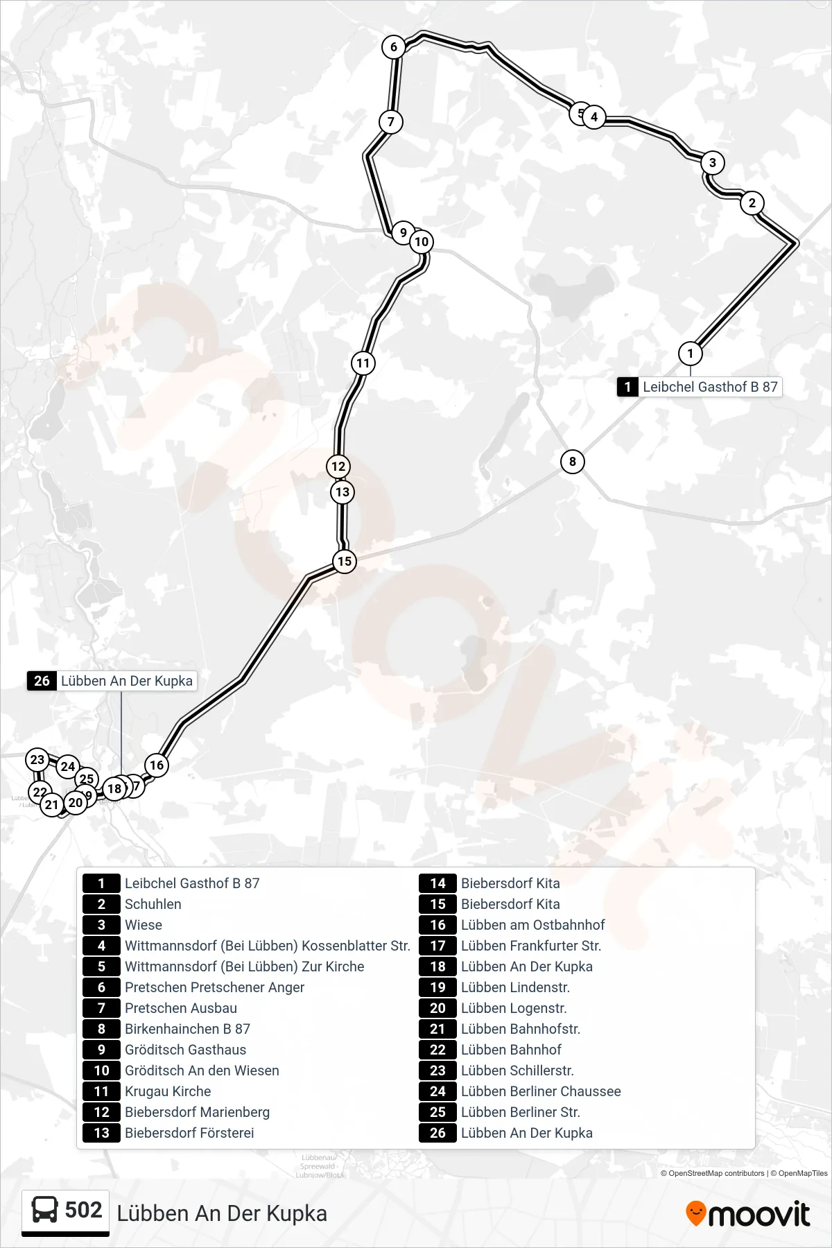 502 bus Line (Lübben An Der Kupka) route and stops on a map