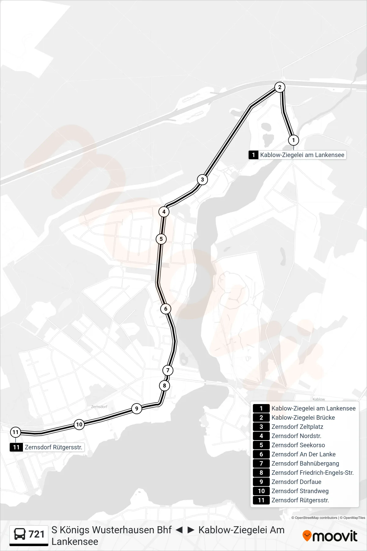 Linie 721 (Bus) Richtung Zernsdorf Rütgersstr.: Route und Haltestellen auf der Karte