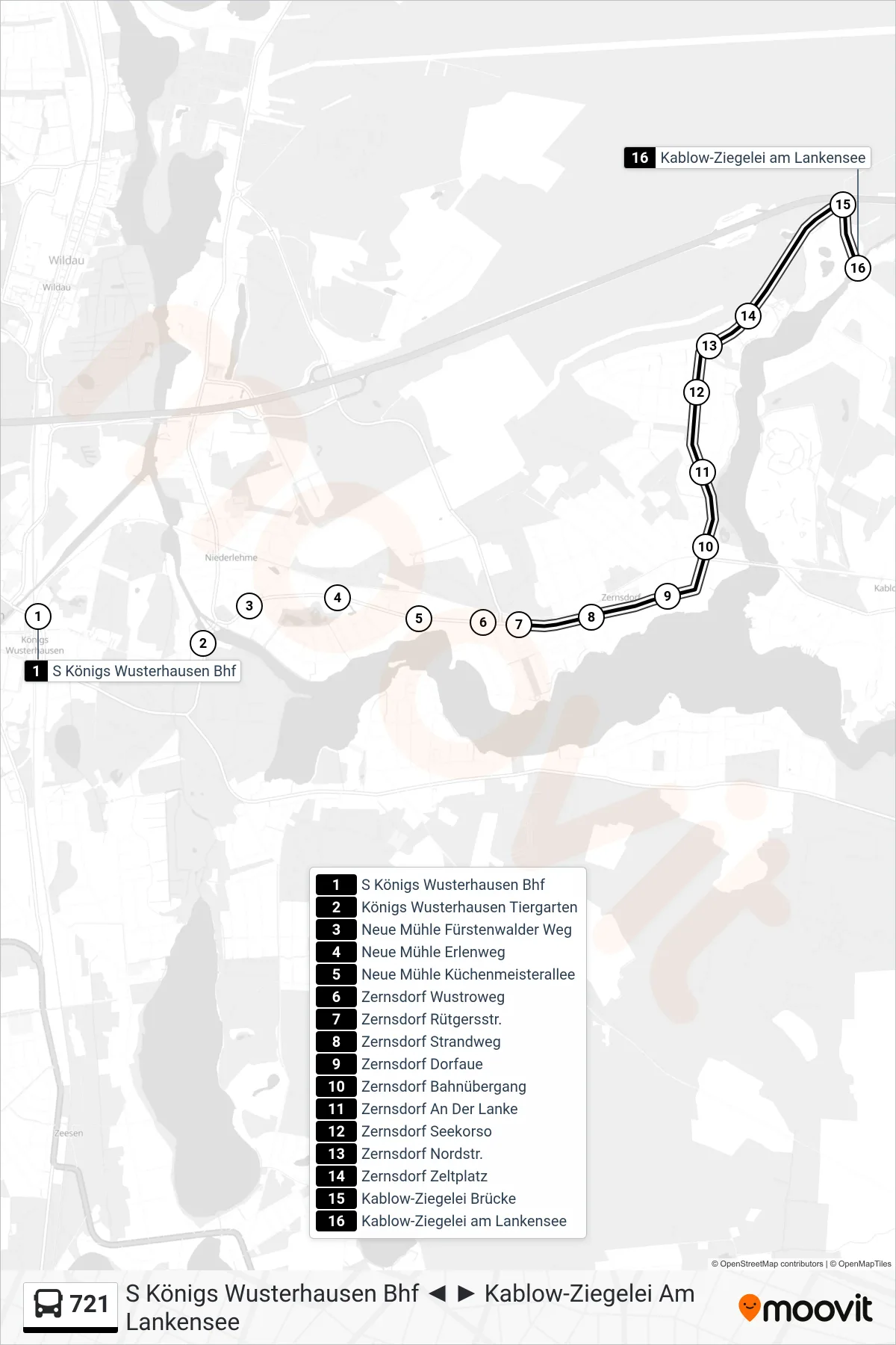 Linie 721 (Bus) Richtung Kablow-Ziegelei am Lankensee: Route und Haltestellen auf der Karte