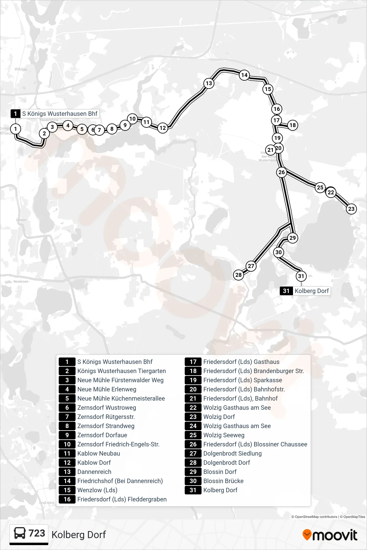 Linie 723 (Bus) Richtung Kolberg Dorf: Route und Haltestellen auf der Karte