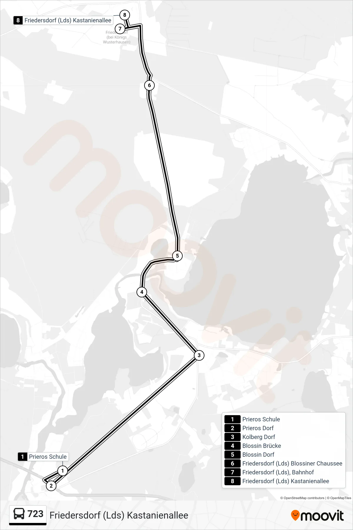 Linie 723 (Bus) Richtung Friedersdorf (Lds) Kastanienallee: Route und Haltestellen auf der Karte