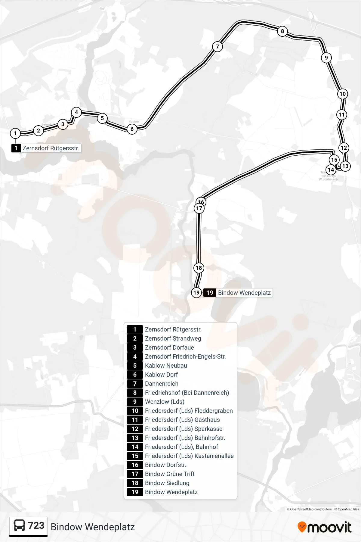 Linie 723 (Bus) Richtung Bindow Wendeplatz: Route und Haltestellen auf der Karte