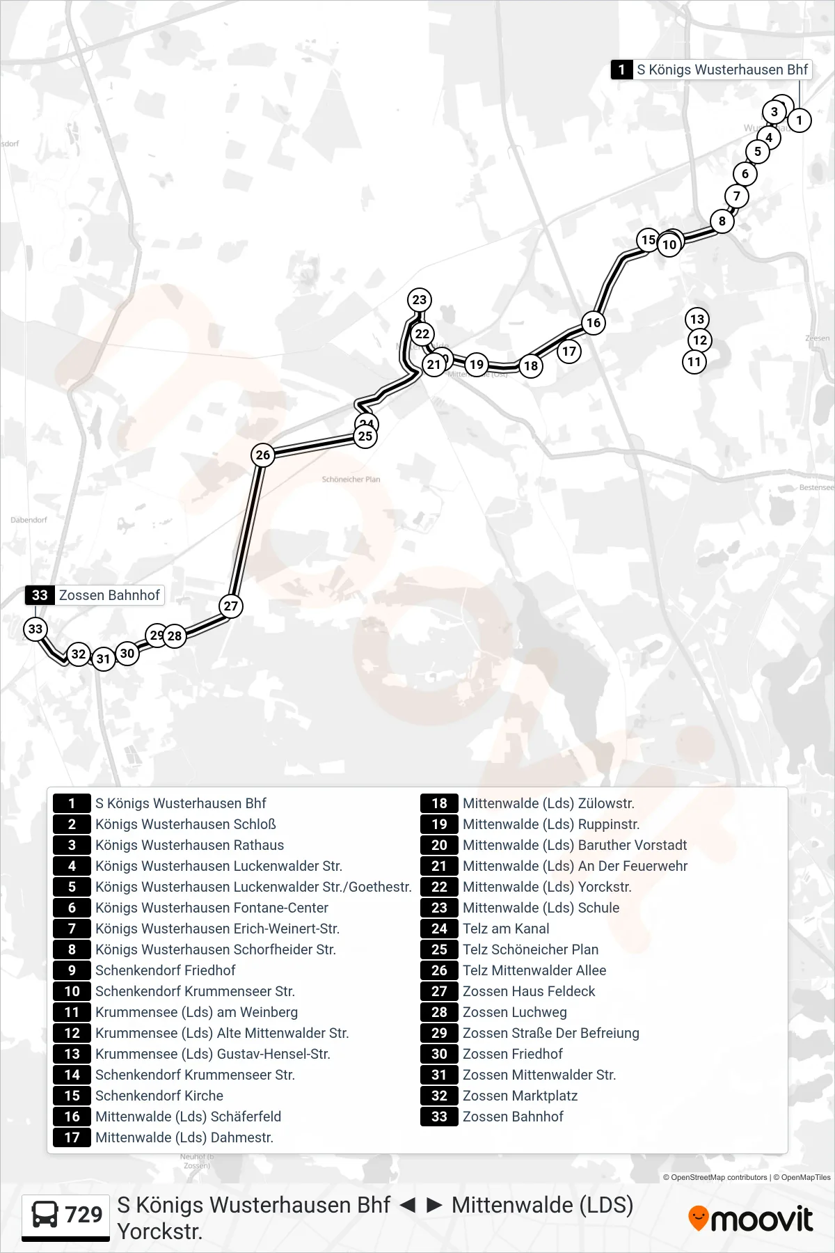 729 bus Line (Zossen Bahnhof) route and stops on a map