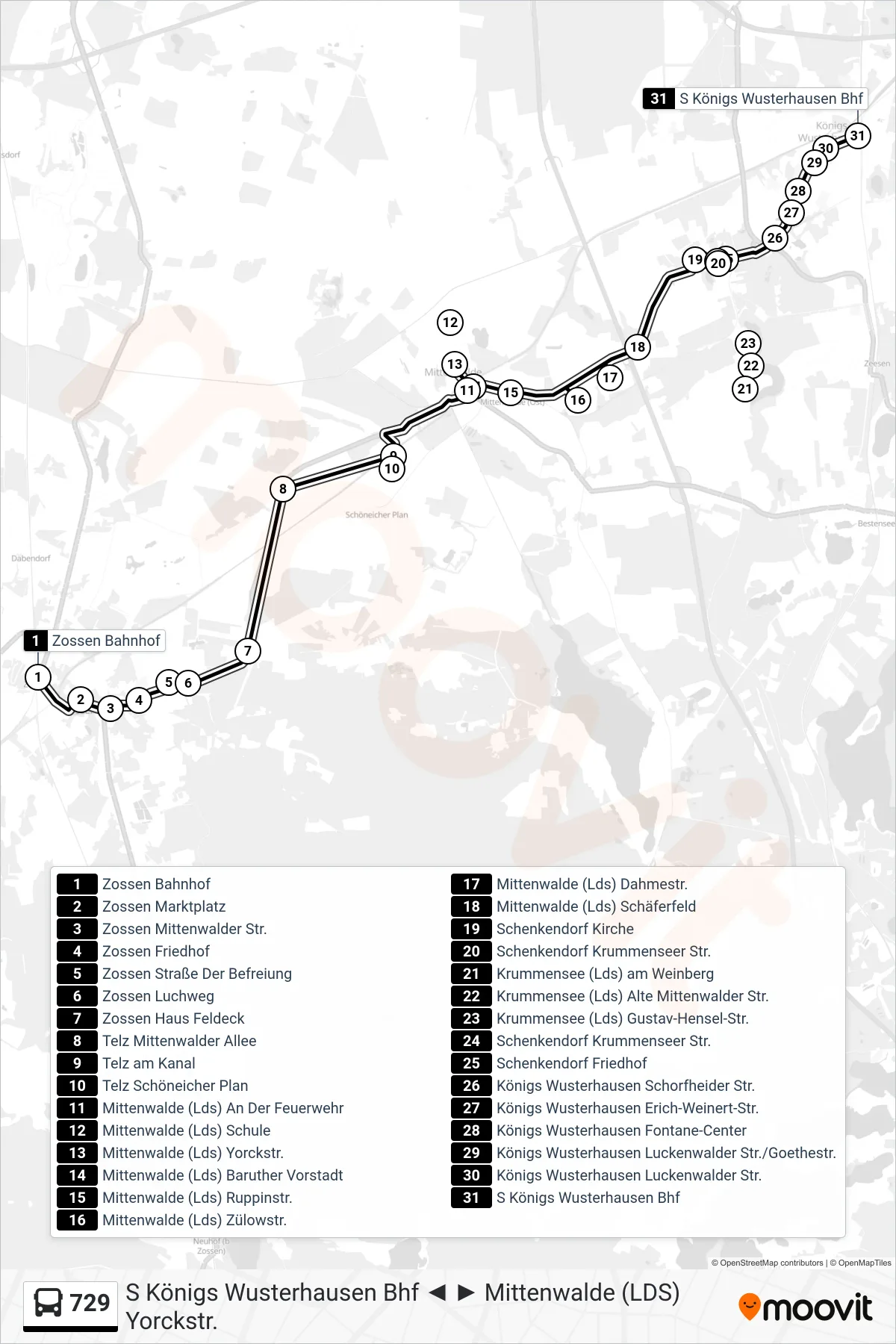 729 bus Line (S Königs Wusterhausen Bhf) route and stops on a map