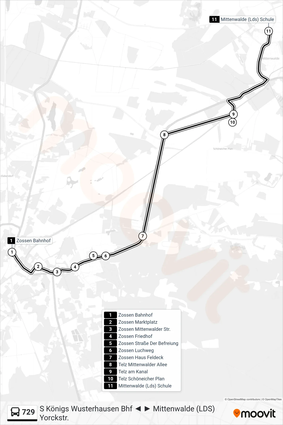 Linie 729 (Bus) Richtung Mittenwalde (Lds) Schule: Route und Haltestellen auf der Karte