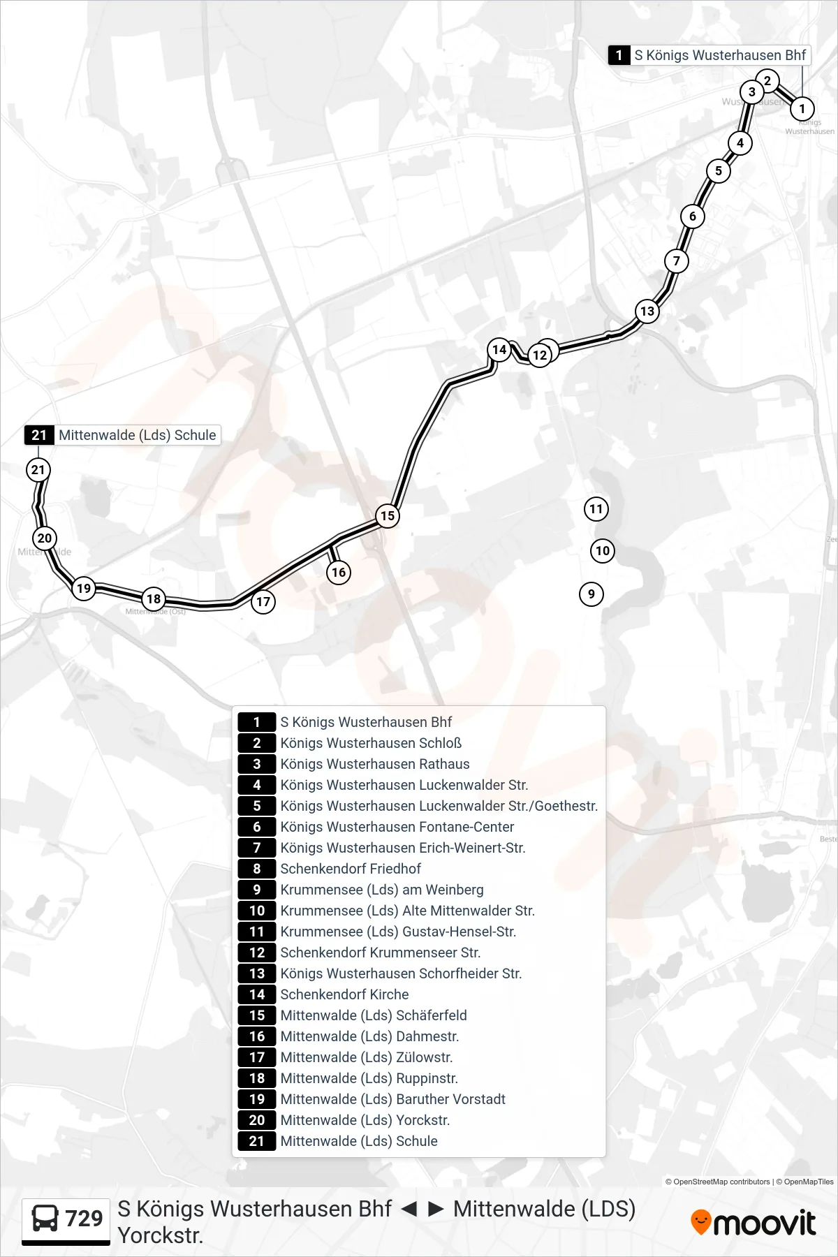 729 bus Line (Mittenwalde (Lds) Schule) route and stops on a map