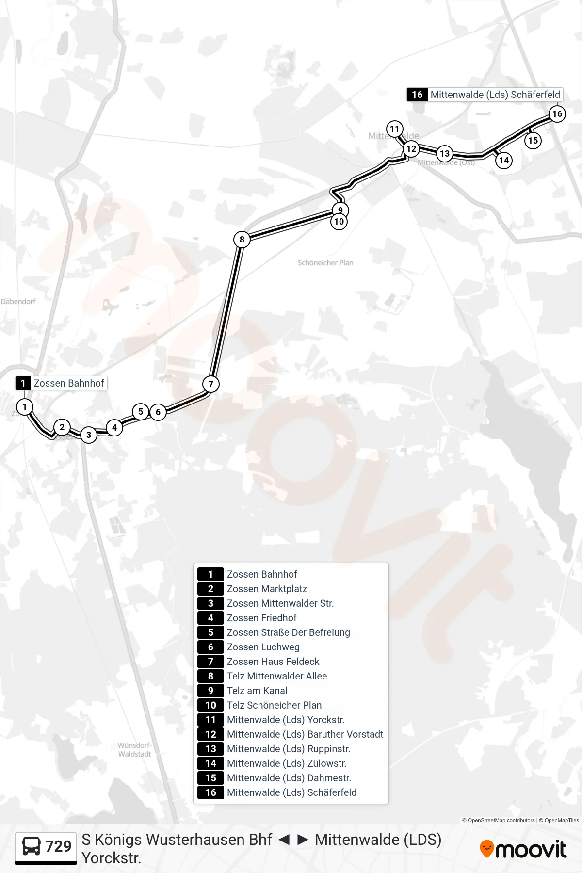 Linie 729 (Bus) Richtung Mittenwalde (Lds) Schäferfeld: Route und Haltestellen auf der Karte