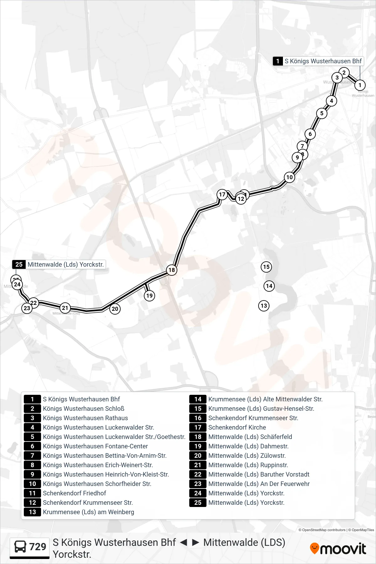 Linie 729 (Bus) Richtung Mittenwalde (Lds) Yorckstr.: Route und Haltestellen auf der Karte