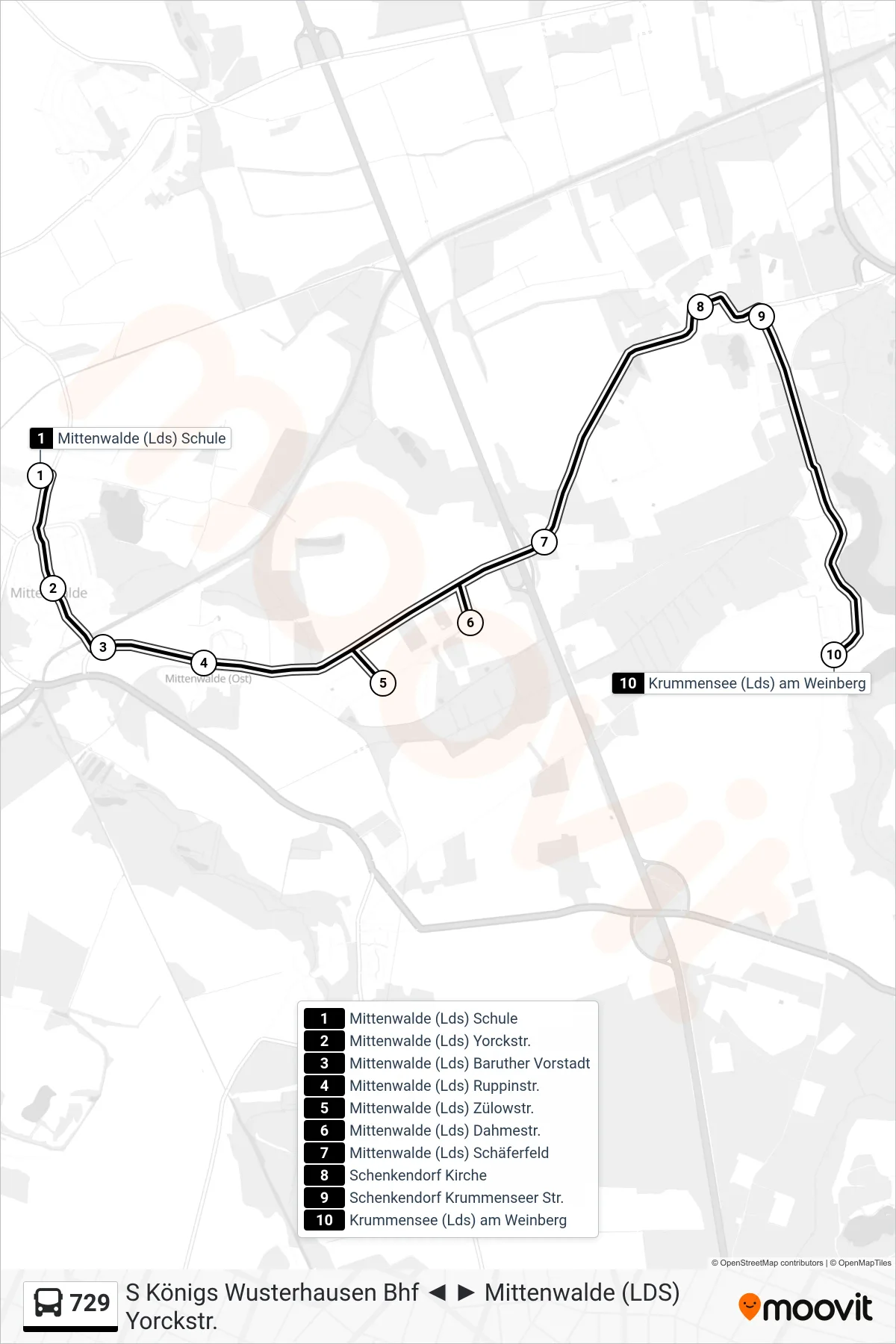 729 bus Line (Krummensee (Lds) am Weinberg) route and stops on a map
