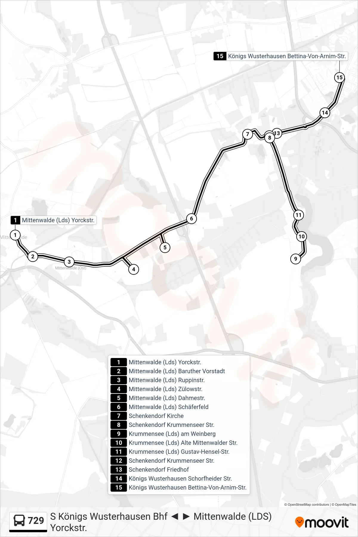 Linie 729 (Bus) Richtung Königs Wusterhausen Bettina-Von-Arnim-Str.: Route und Haltestellen auf der Karte
