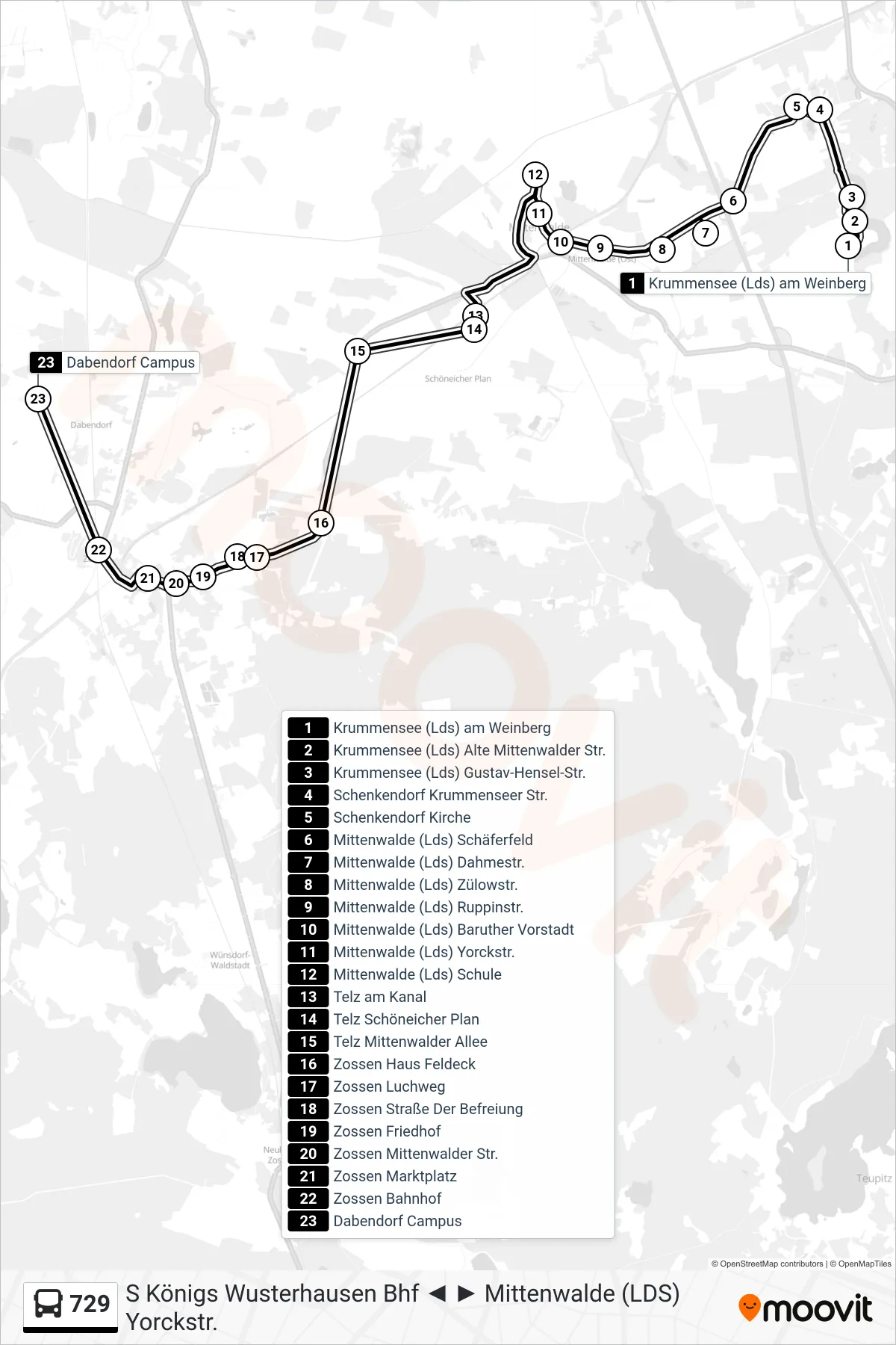 Linie 729 (Bus) Richtung Dabendorf Campus: Route und Haltestellen auf der Karte