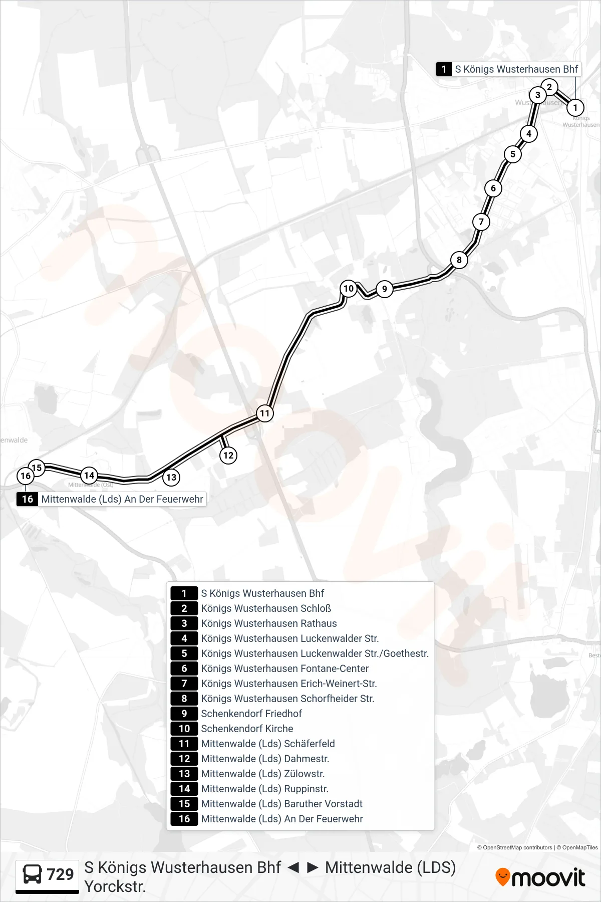 Linie 729 (Bus) Richtung Mittenwalde (Lds) An Der Feuerwehr: Route und Haltestellen auf der Karte