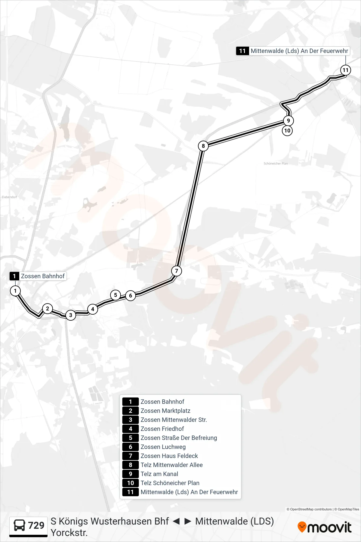Linie 729 (Bus) Richtung Mittenwalde (Lds) An Der Feuerwehr: Route und Haltestellen auf der Karte