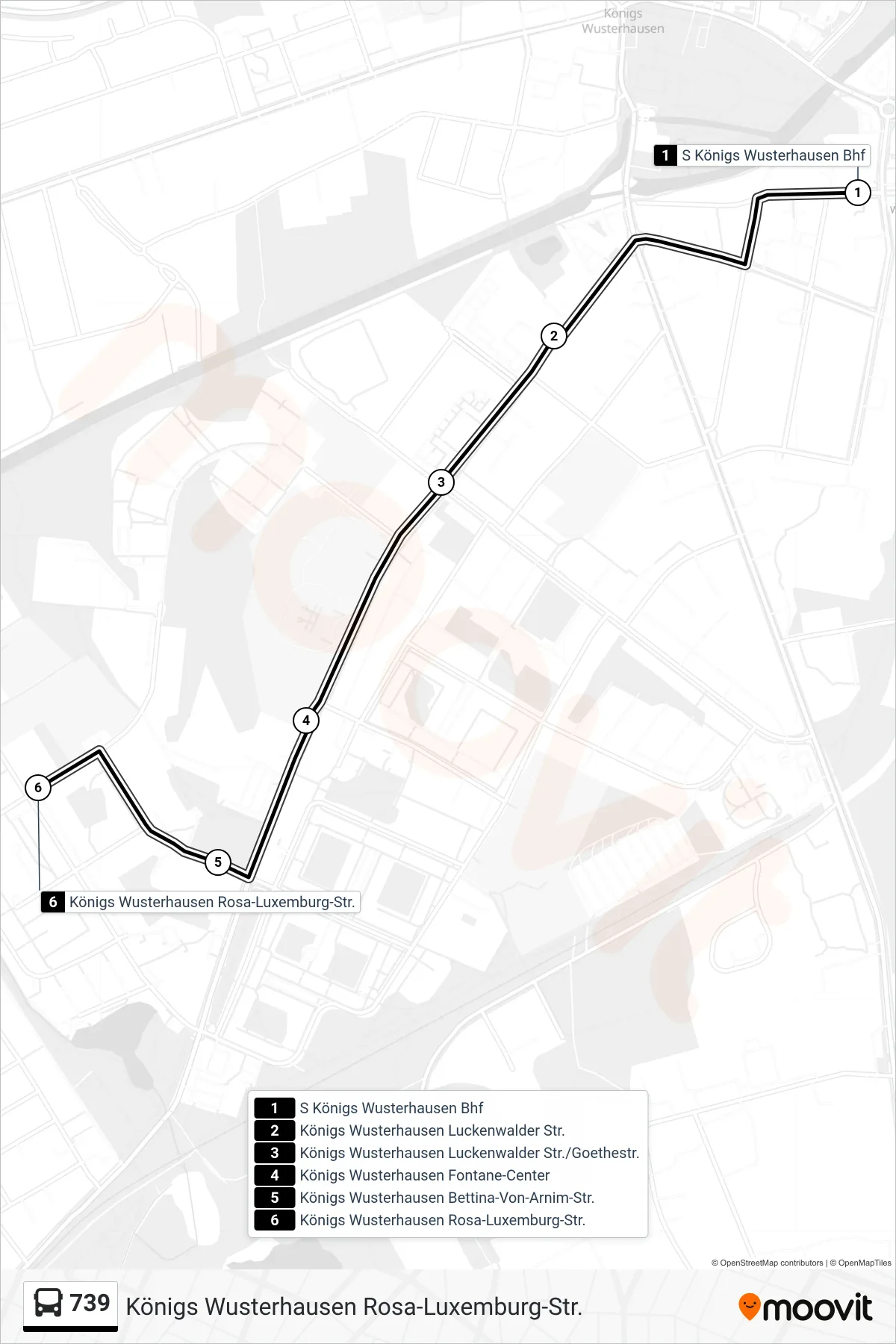 Linie 739 (Bus) Richtung Königs Wusterhausen Rosa-Luxemburg-Str.: Route und Haltestellen auf der Karte
