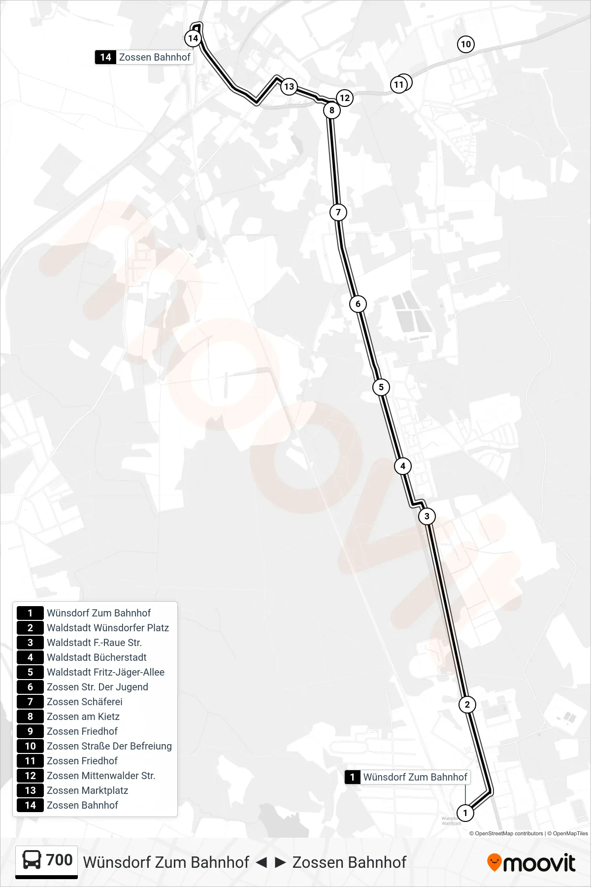 Linie 700 (Bus) Richtung Zossen Bahnhof: Route und Haltestellen auf der Karte