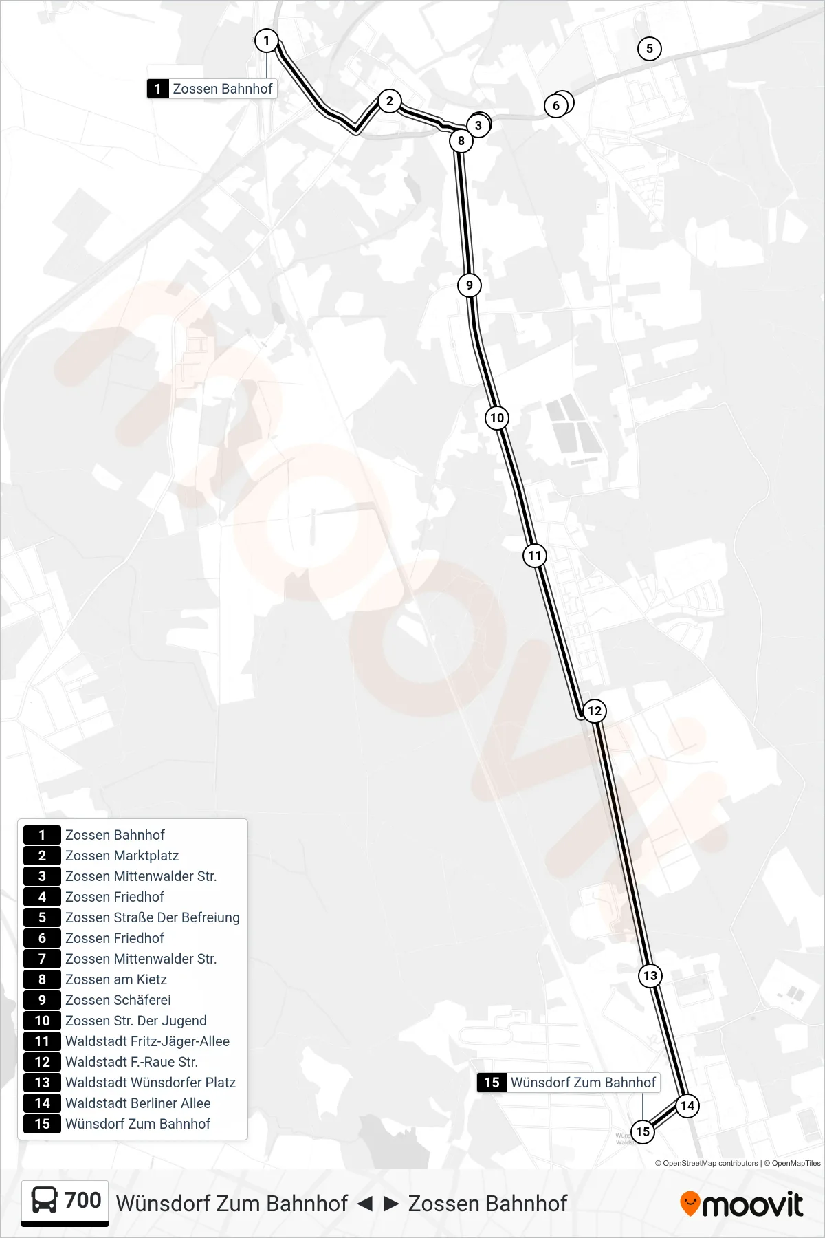 Linie 700 (Bus) Richtung Wünsdorf Zum Bahnhof: Route und Haltestellen auf der Karte