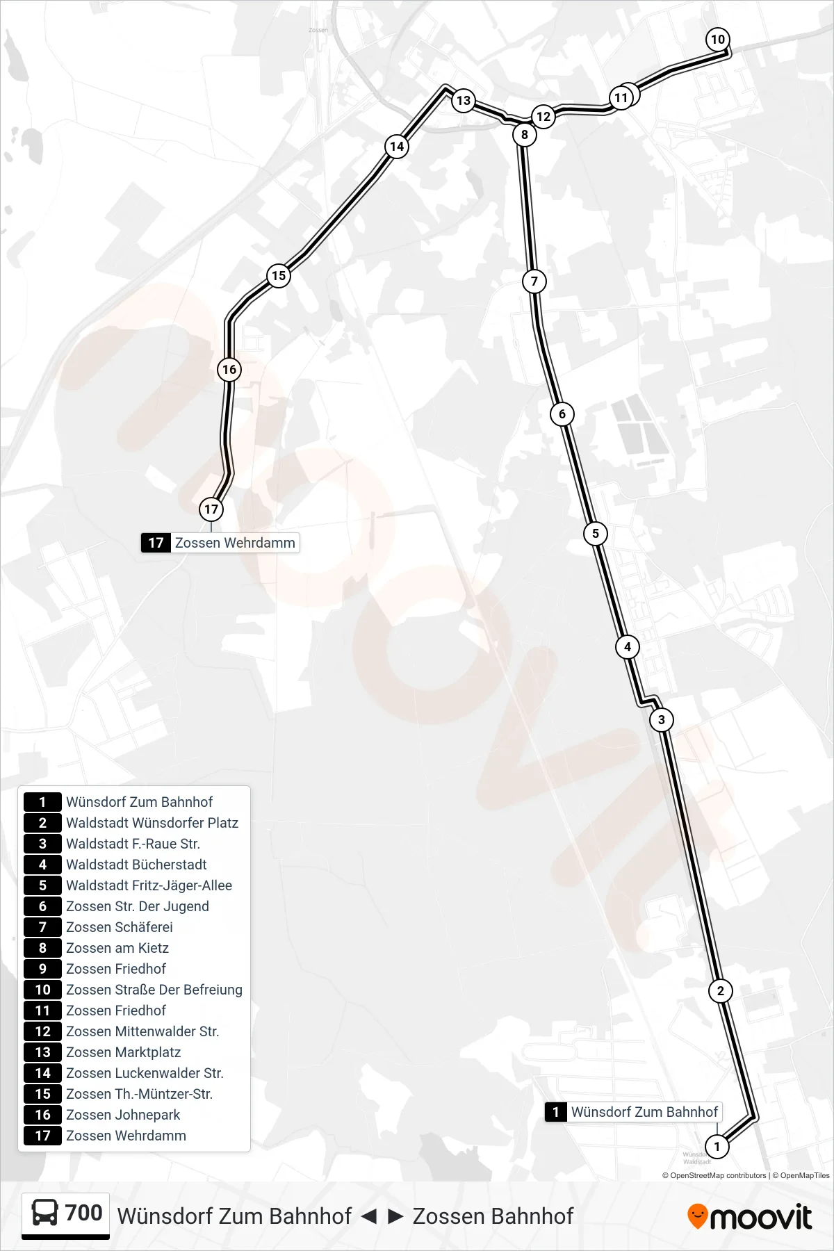 Linie 700 (Bus) Richtung Zossen Wehrdamm: Route und Haltestellen auf der Karte