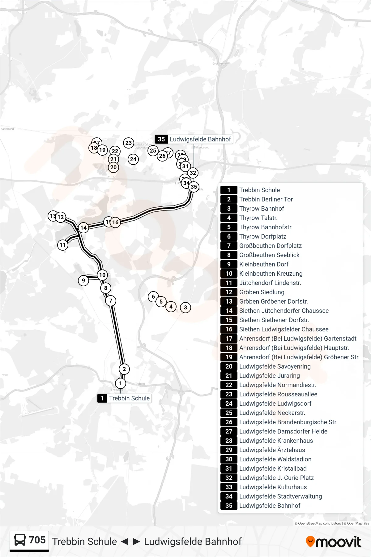 Linie 705 (Bus) Richtung Ludwigsfelde Bahnhof: Route und Haltestellen auf der Karte