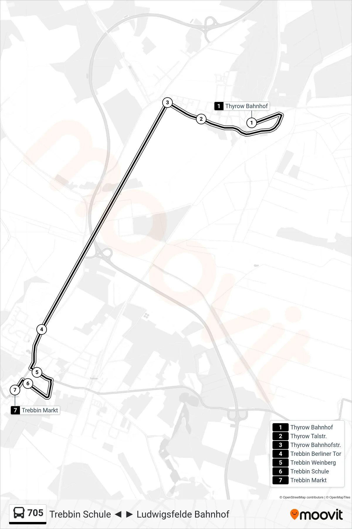 Linie 705 (Bus) Richtung Trebbin Markt: Route und Haltestellen auf der Karte