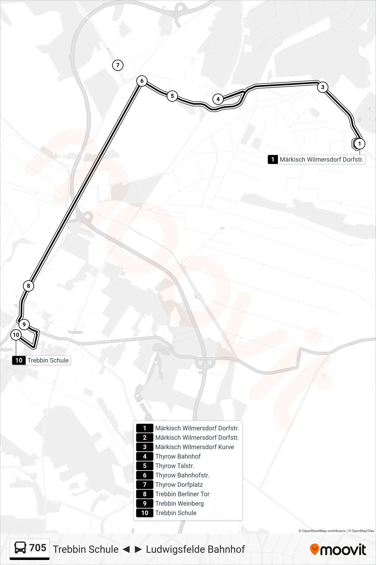 705 bus Line (Trebbin Schule) route and stops on a map