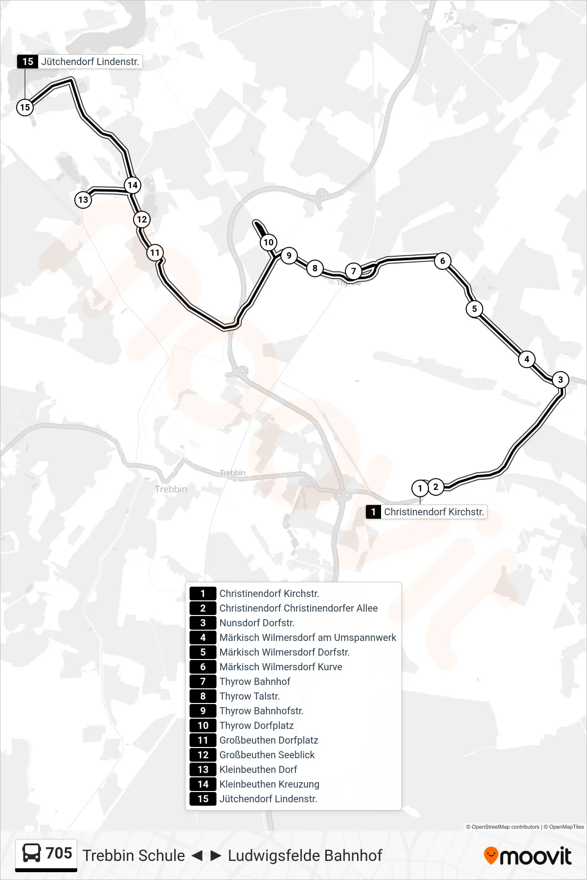 705 bus Line (Jütchendorf Lindenstr.) route and stops on a map