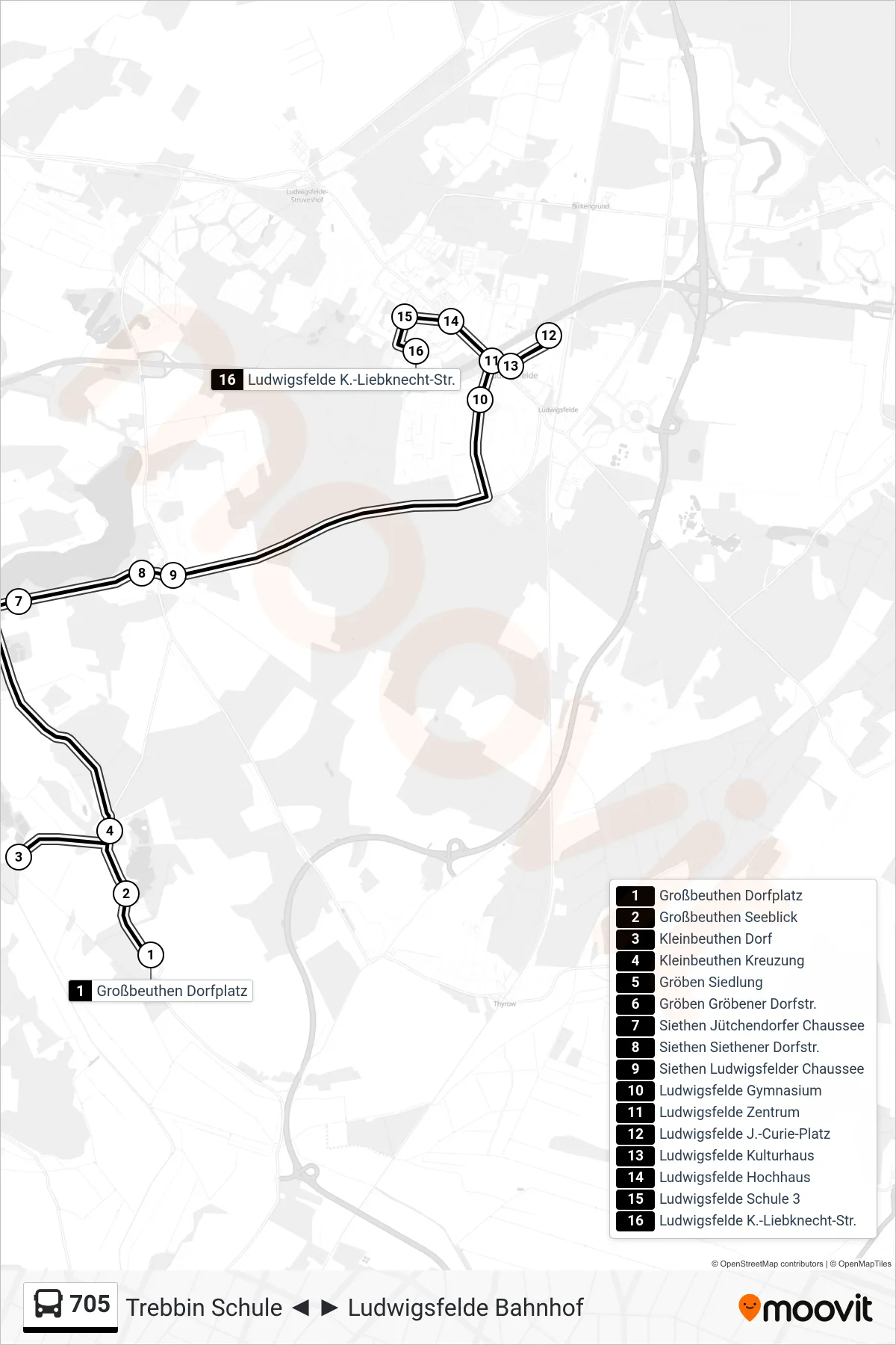 Linie 705 (Bus) Richtung Ludwigsfelde K.-Liebknecht-Str.: Route und Haltestellen auf der Karte