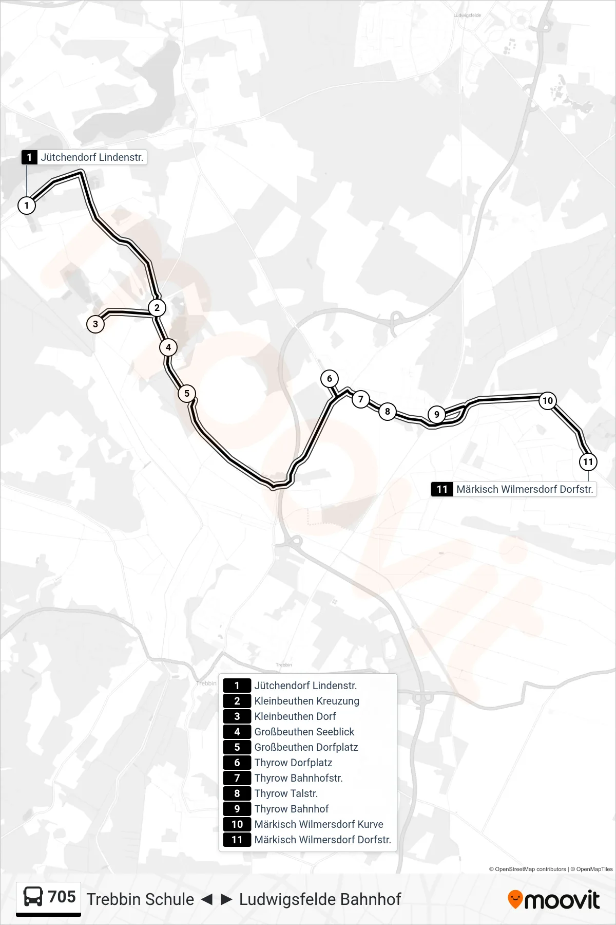 Linie 705 (Bus) Richtung Märkisch Wilmersdorf Dorfstr.: Route und Haltestellen auf der Karte