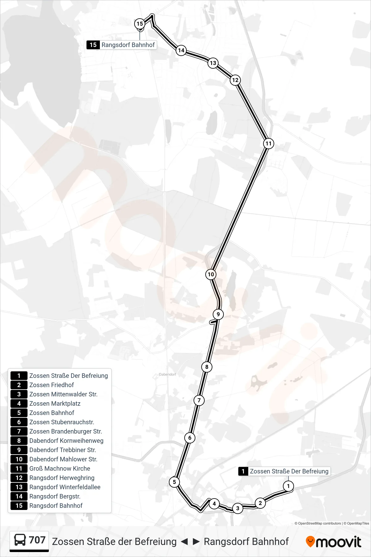 Linie 707 (Bus) Richtung Rangsdorf Bahnhof: Route und Haltestellen auf der Karte