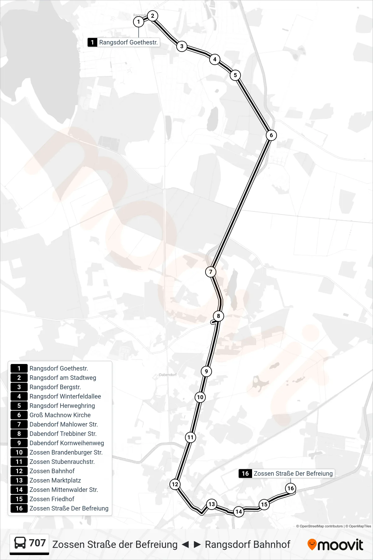 Linie 707 (Bus) Richtung Zossen Straße Der Befreiung: Route und Haltestellen auf der Karte