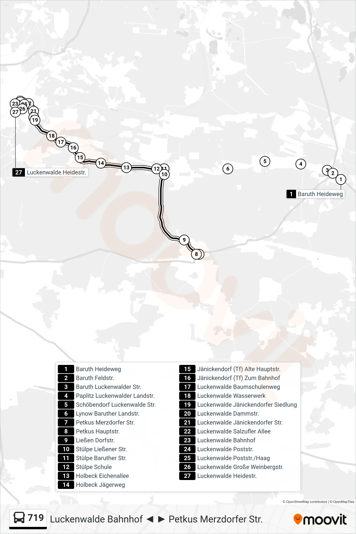 Linie 719 (Bus) Richtung Luckenwalde Heidestr.: Route und Haltestellen auf der Karte