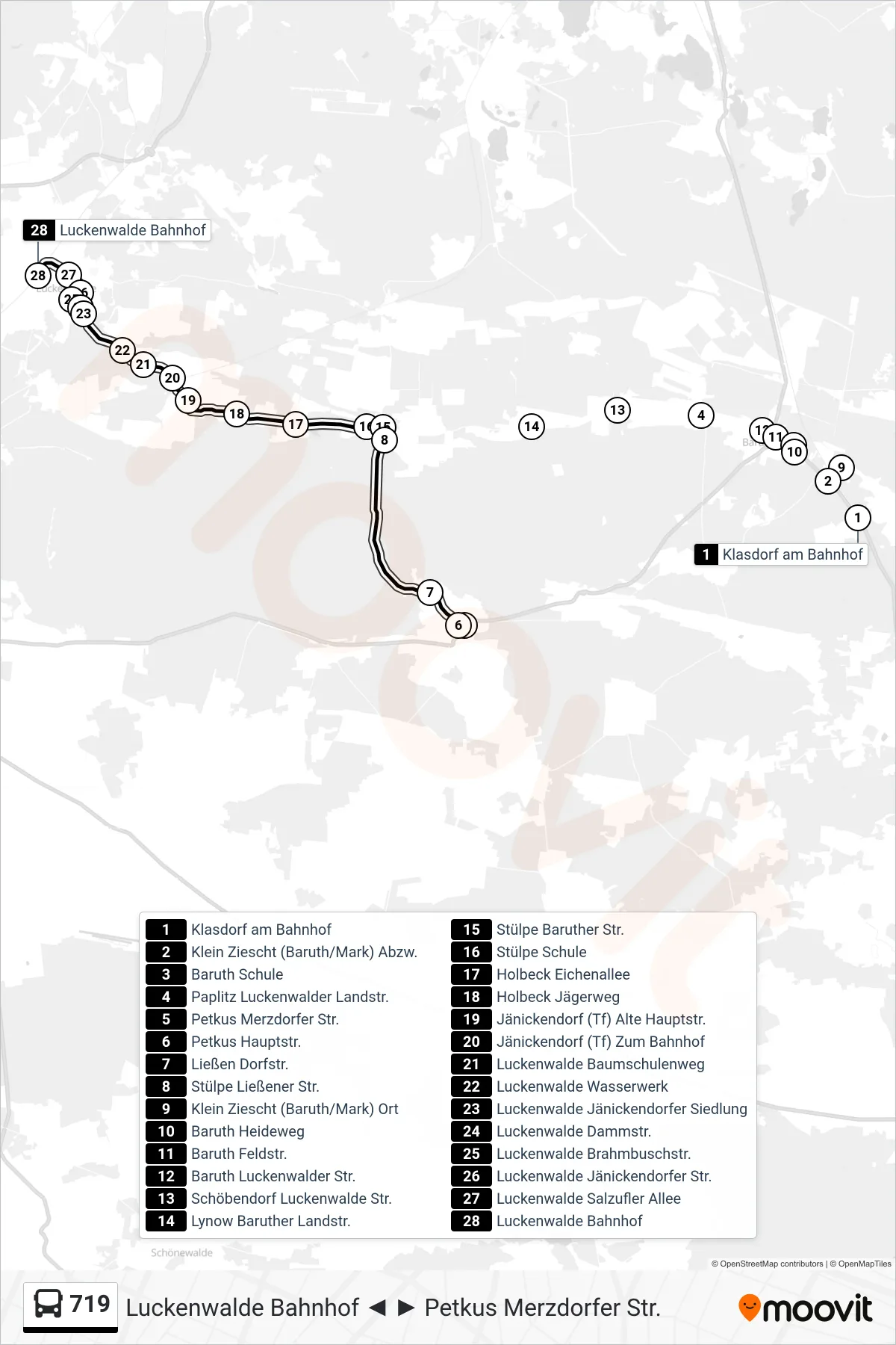 Linie 719 (Bus) Richtung Luckenwalde Bahnhof: Route und Haltestellen auf der Karte