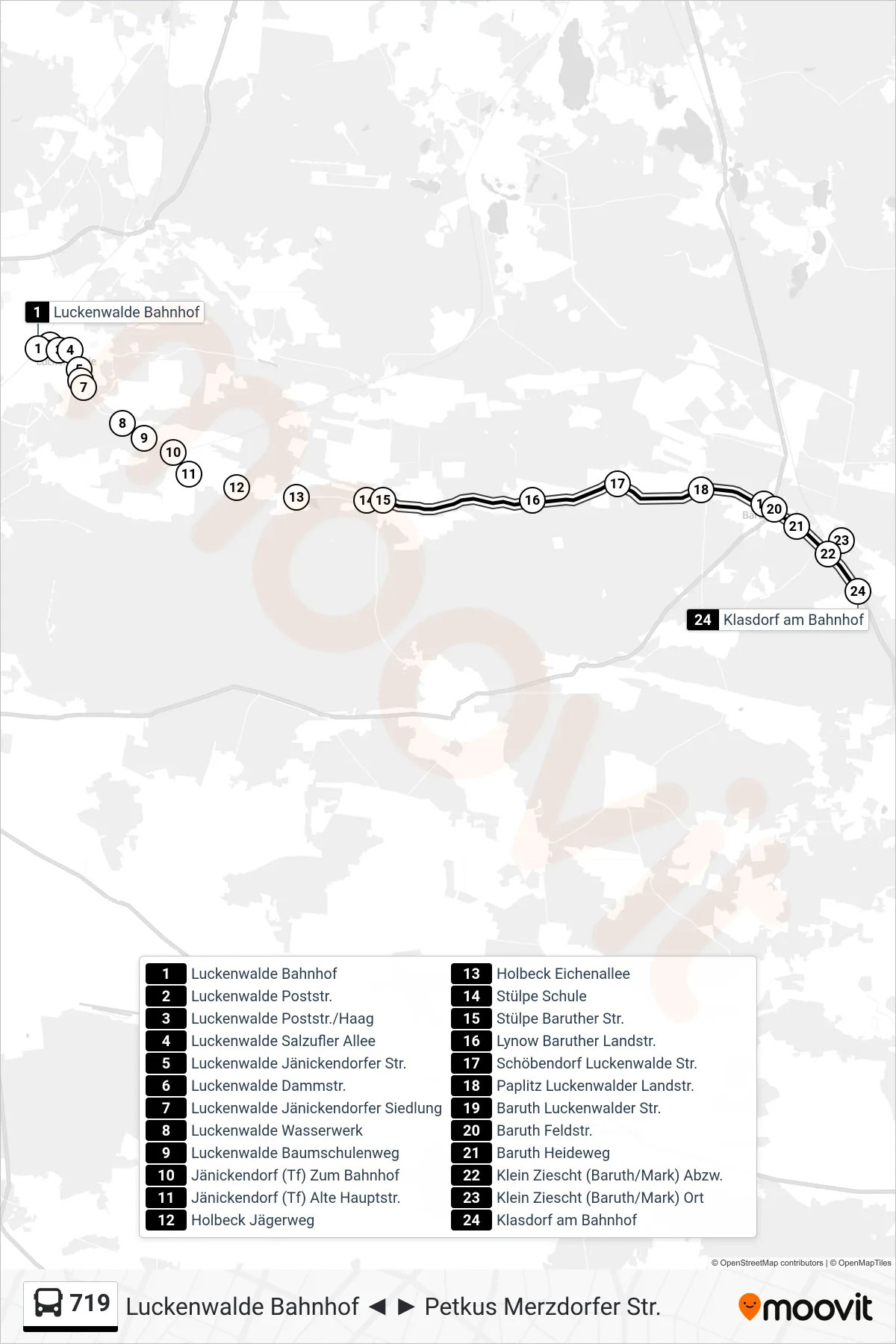 Linie 719 (Bus) Richtung Klasdorf am Bahnhof: Route und Haltestellen auf der Karte