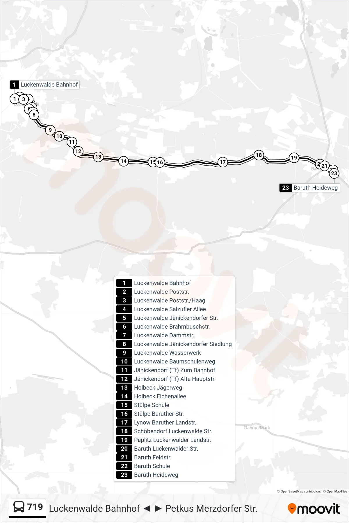 Linie 719 (Bus) Richtung Baruth Heideweg: Route und Haltestellen auf der Karte