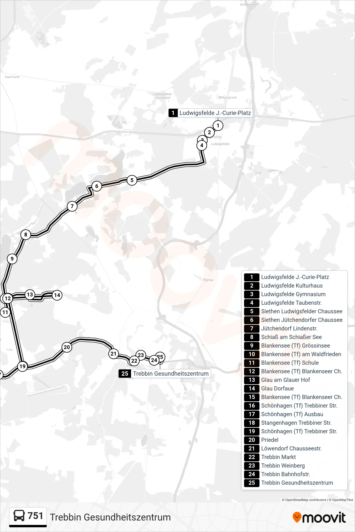 Linie 751 (Bus) Richtung Trebbin Gesundheitszentrum: Route und Haltestellen auf der Karte