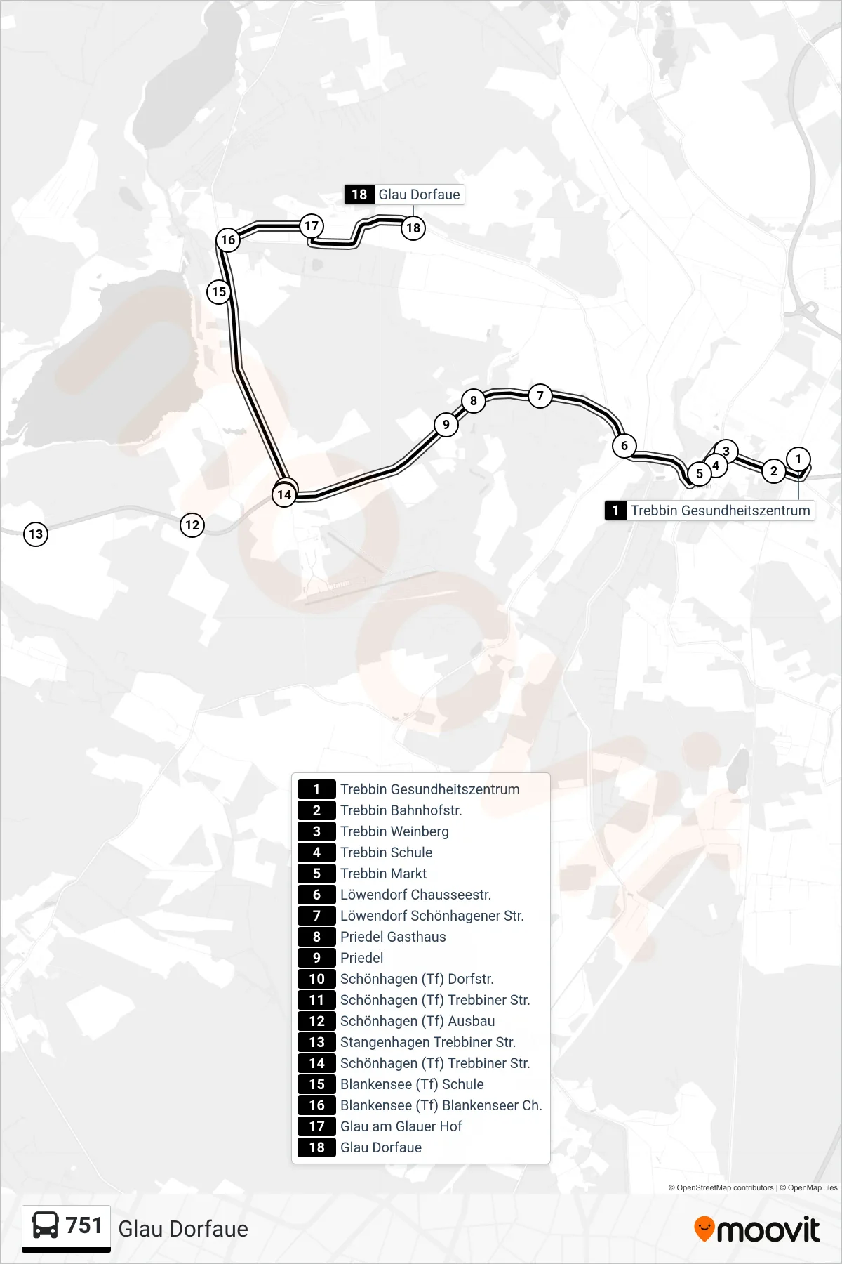 751 bus Line (Glau Dorfaue) route and stops on a map