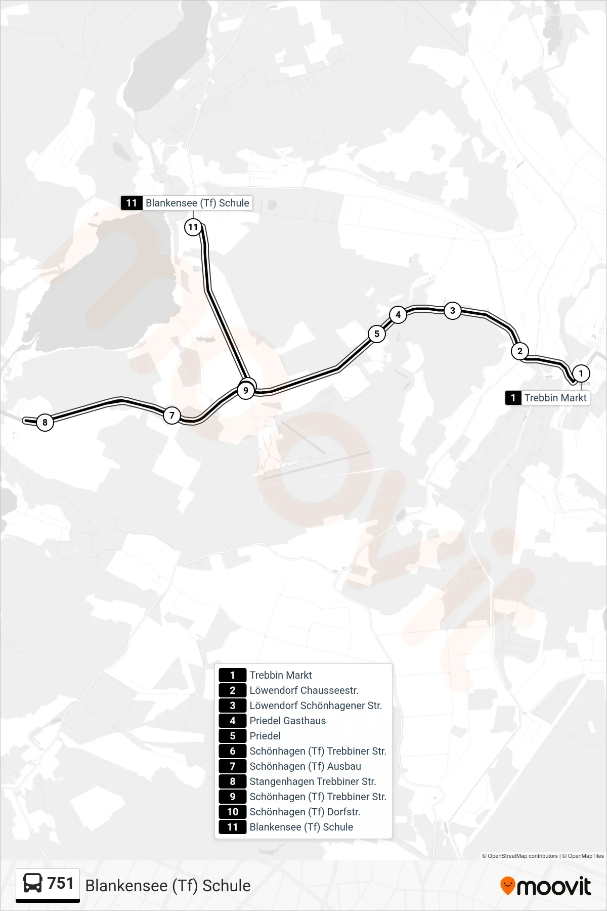 Linie 751 (Bus) Richtung Blankensee (Tf) Schule: Route und Haltestellen auf der Karte
