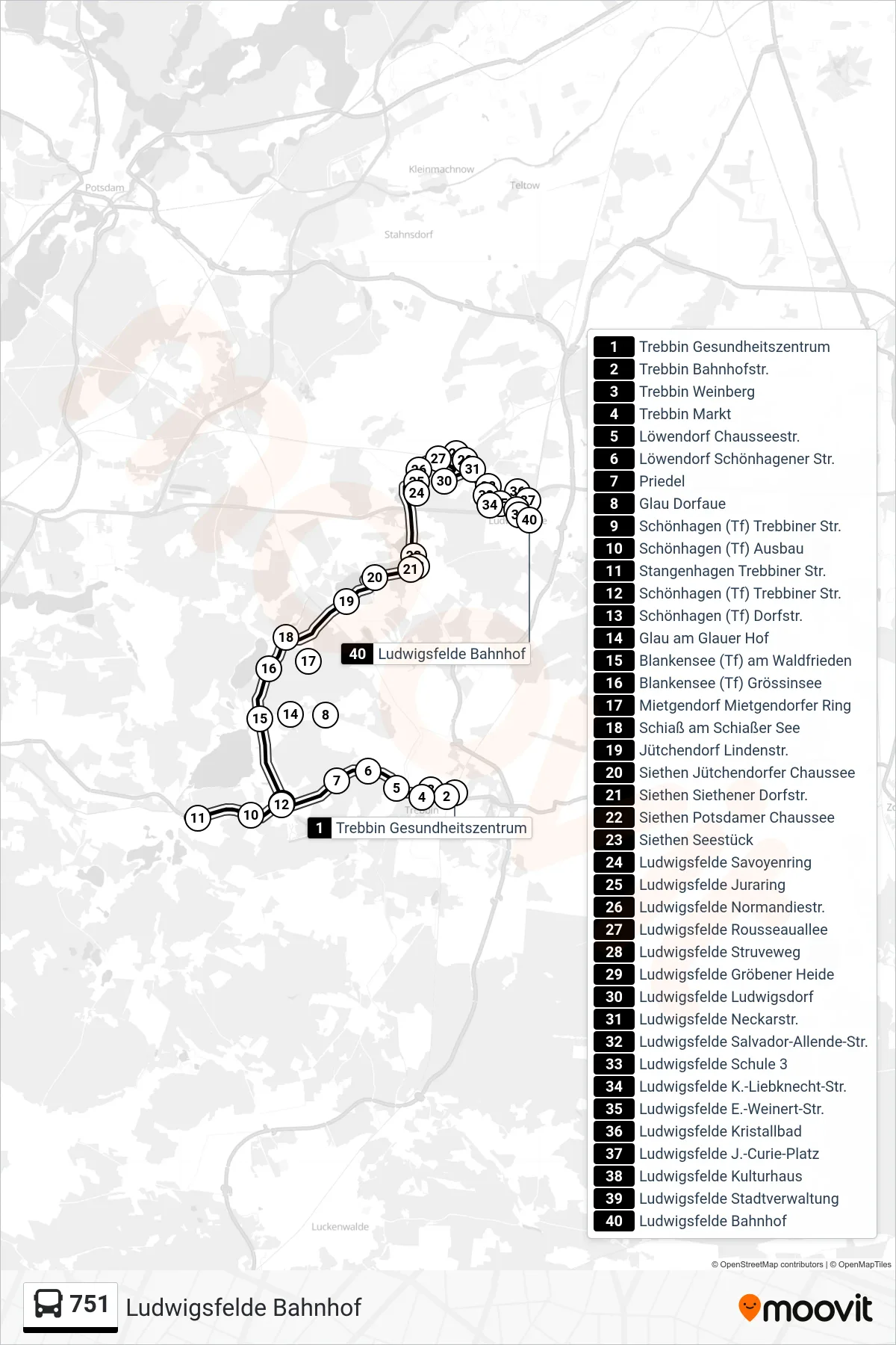 Linie 751 (Bus) Richtung Ludwigsfelde Bahnhof: Route und Haltestellen auf der Karte