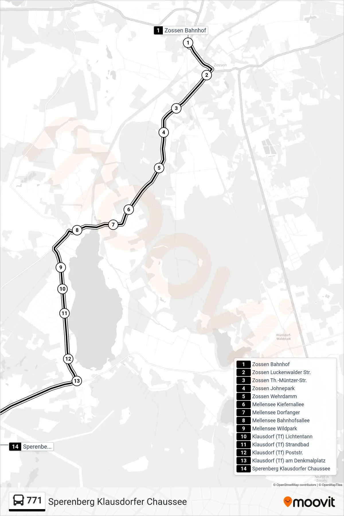 Linie 771 (Bus) Richtung Sperenberg Klausdorfer Chaussee: Route und Haltestellen auf der Karte