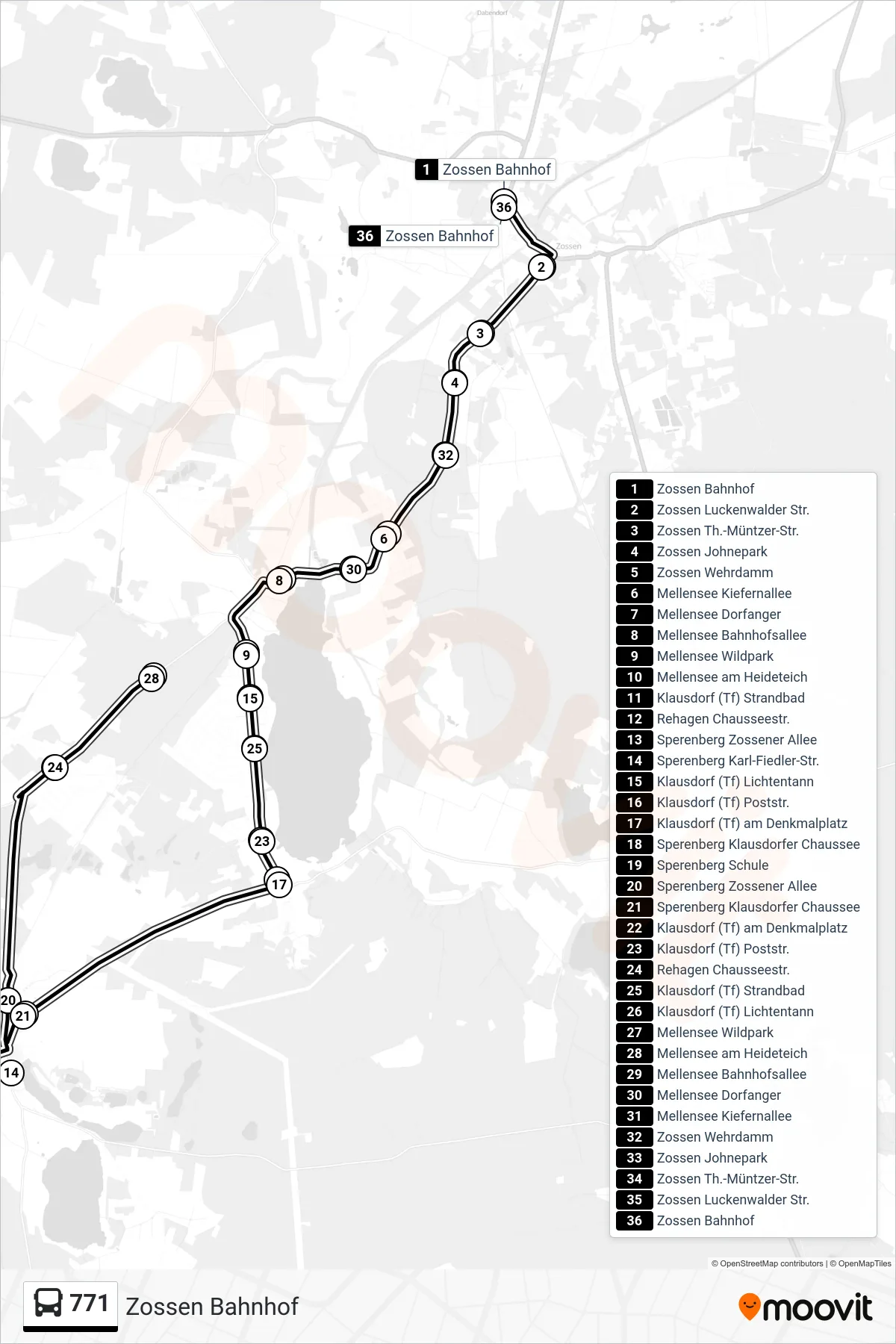 Linie 771 (Bus) Richtung Zossen Bahnhof: Route und Haltestellen auf der Karte