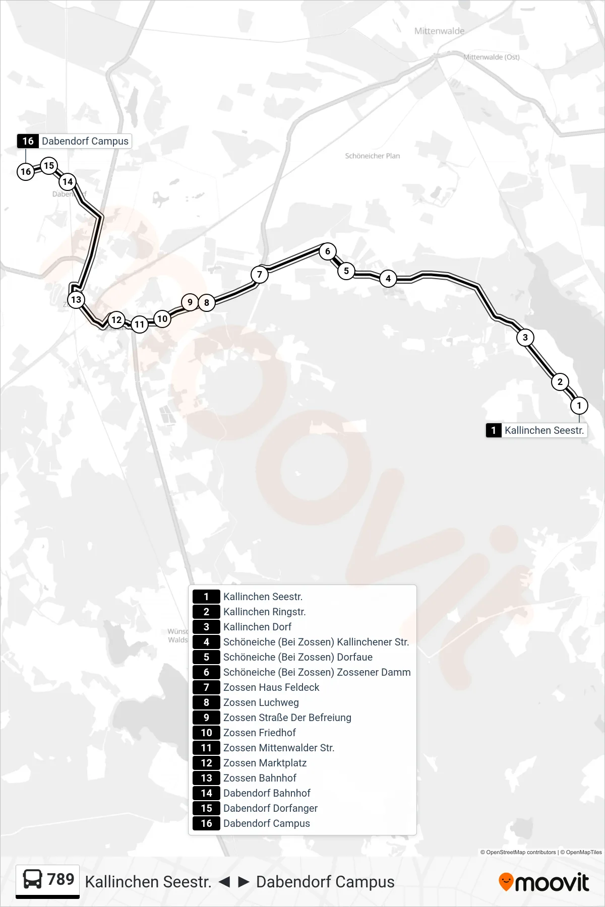 Linie 789 (Bus) Richtung Dabendorf Campus: Route und Haltestellen auf der Karte