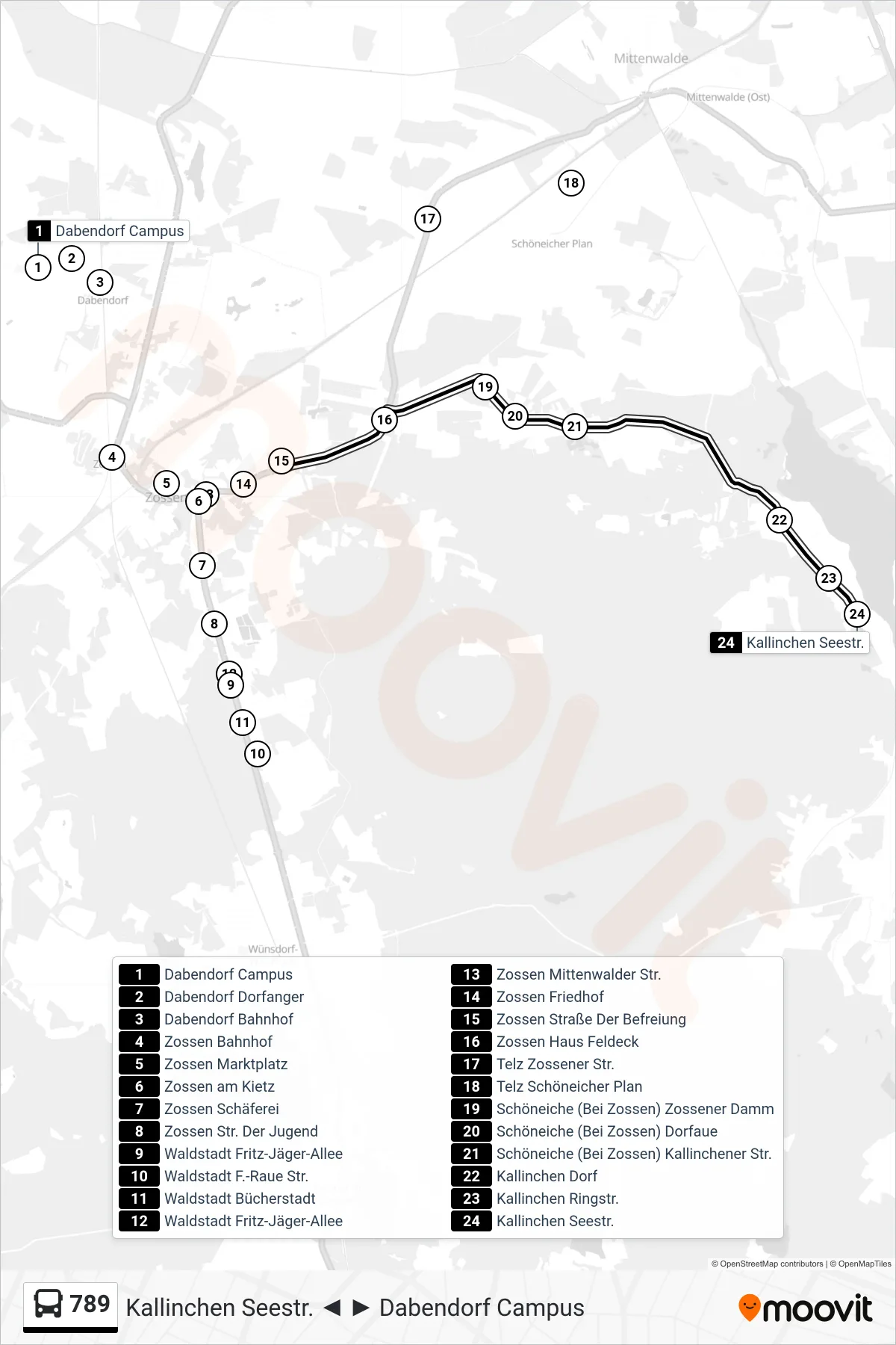 Linie 789 (Bus) Richtung Kallinchen Seestr.: Route und Haltestellen auf der Karte