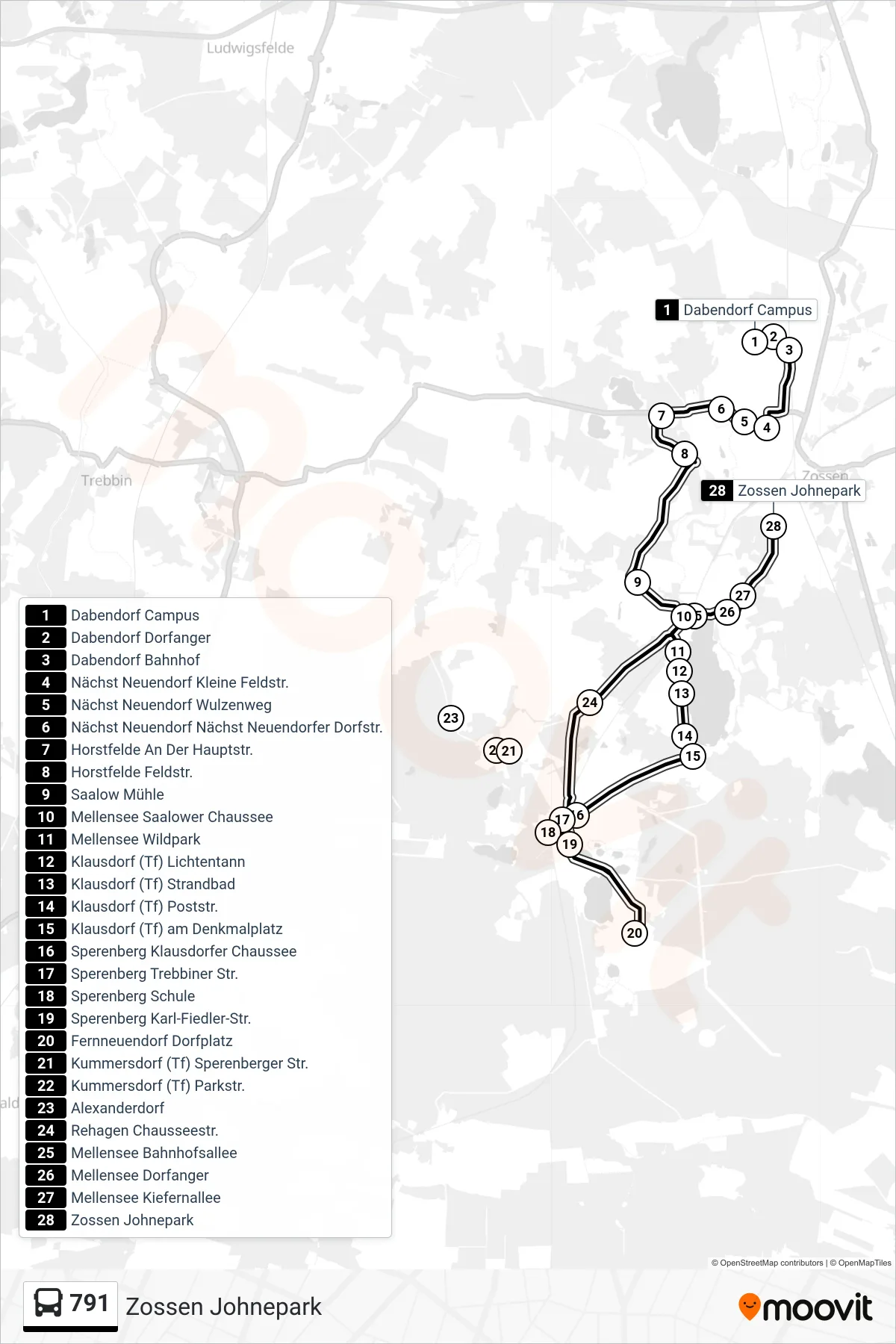 Linie 791 (Bus) Richtung Zossen Johnepark: Route und Haltestellen auf der Karte