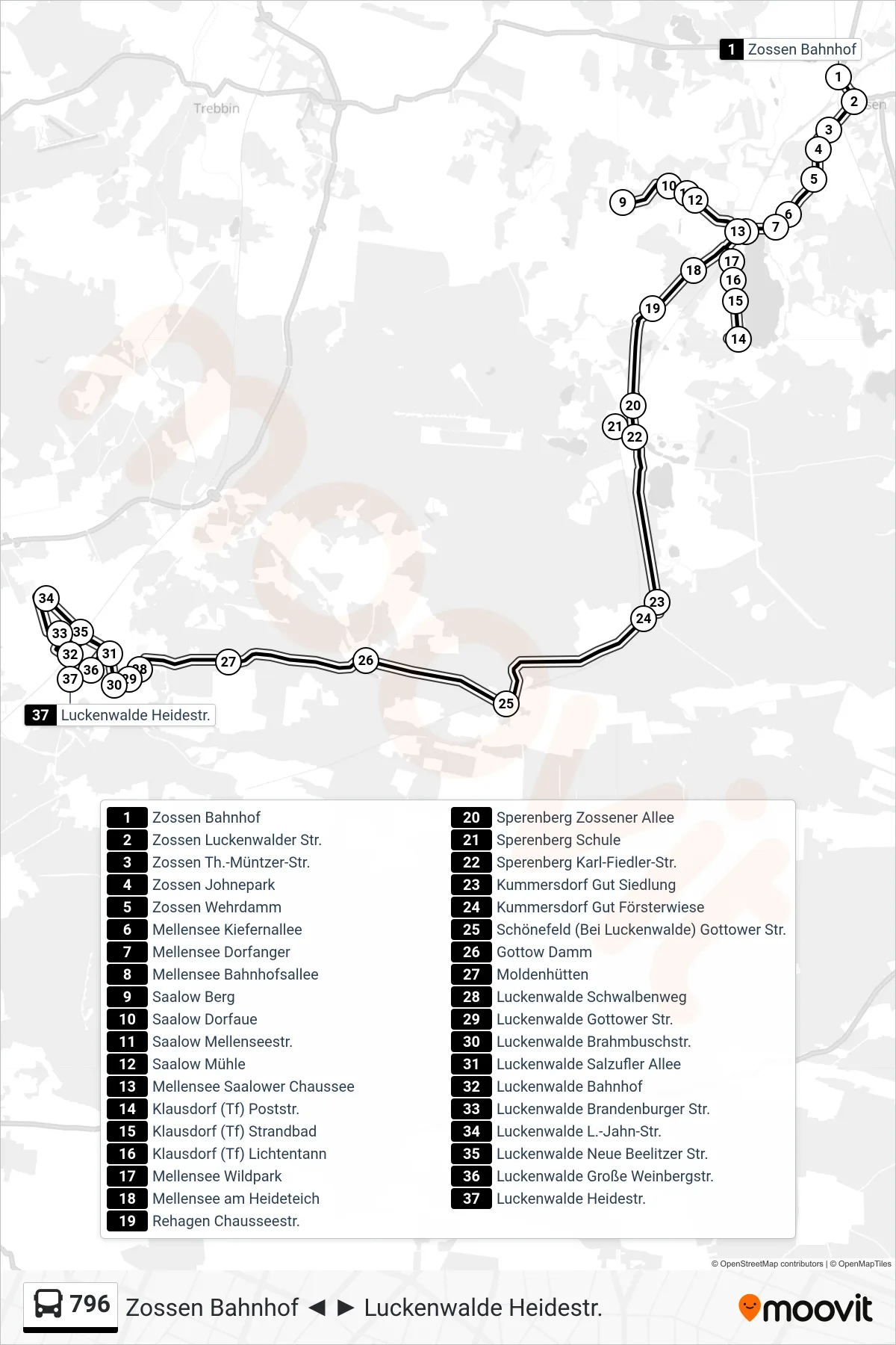 Linie 796 (Bus) Richtung Luckenwalde Heidestr.: Route und Haltestellen auf der Karte