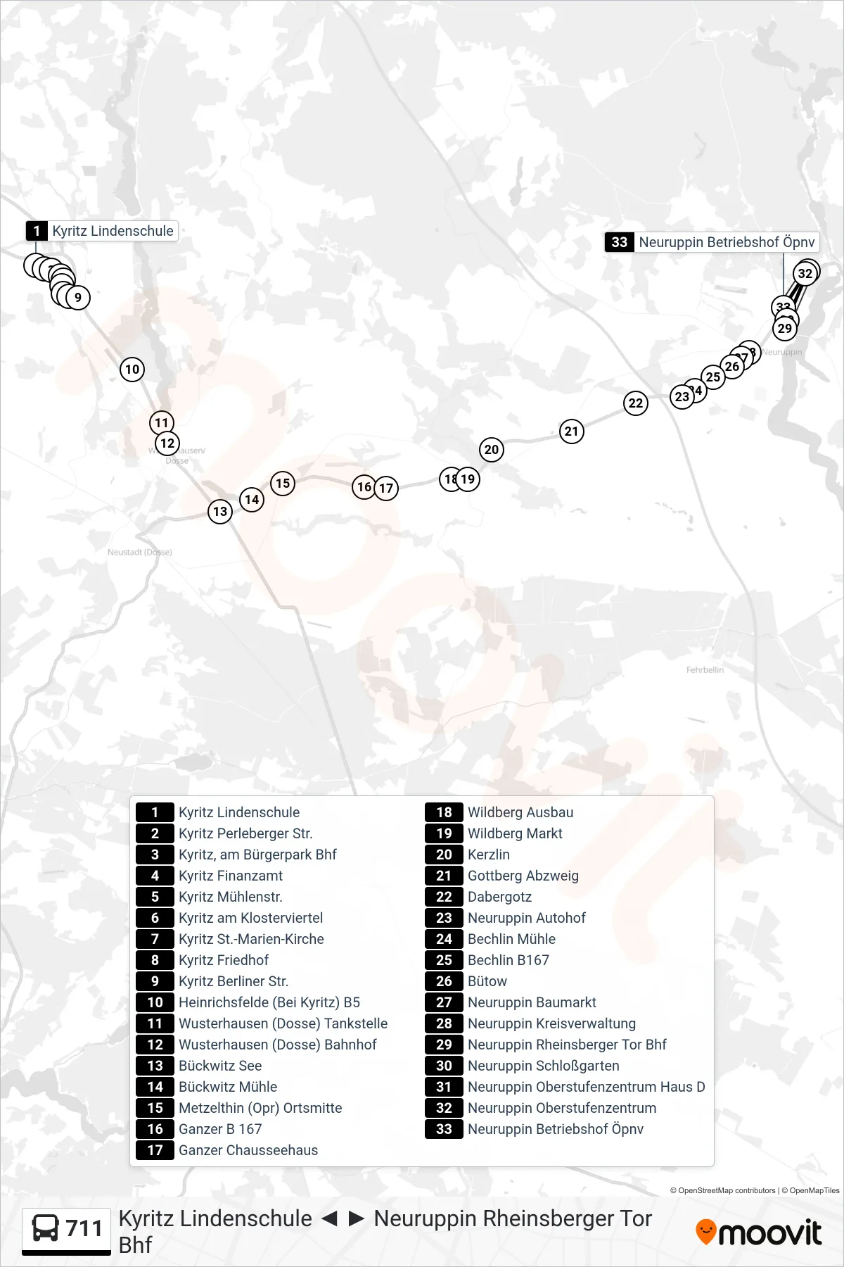 711 bus Line (Neuruppin Betriebshof Öpnv) route and stops on a map