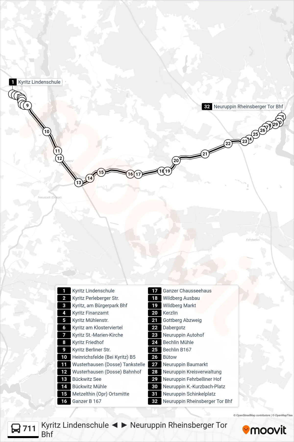 Linie 711 (Bus) Richtung Neuruppin Rheinsberger Tor Bhf: Route und Haltestellen auf der Karte