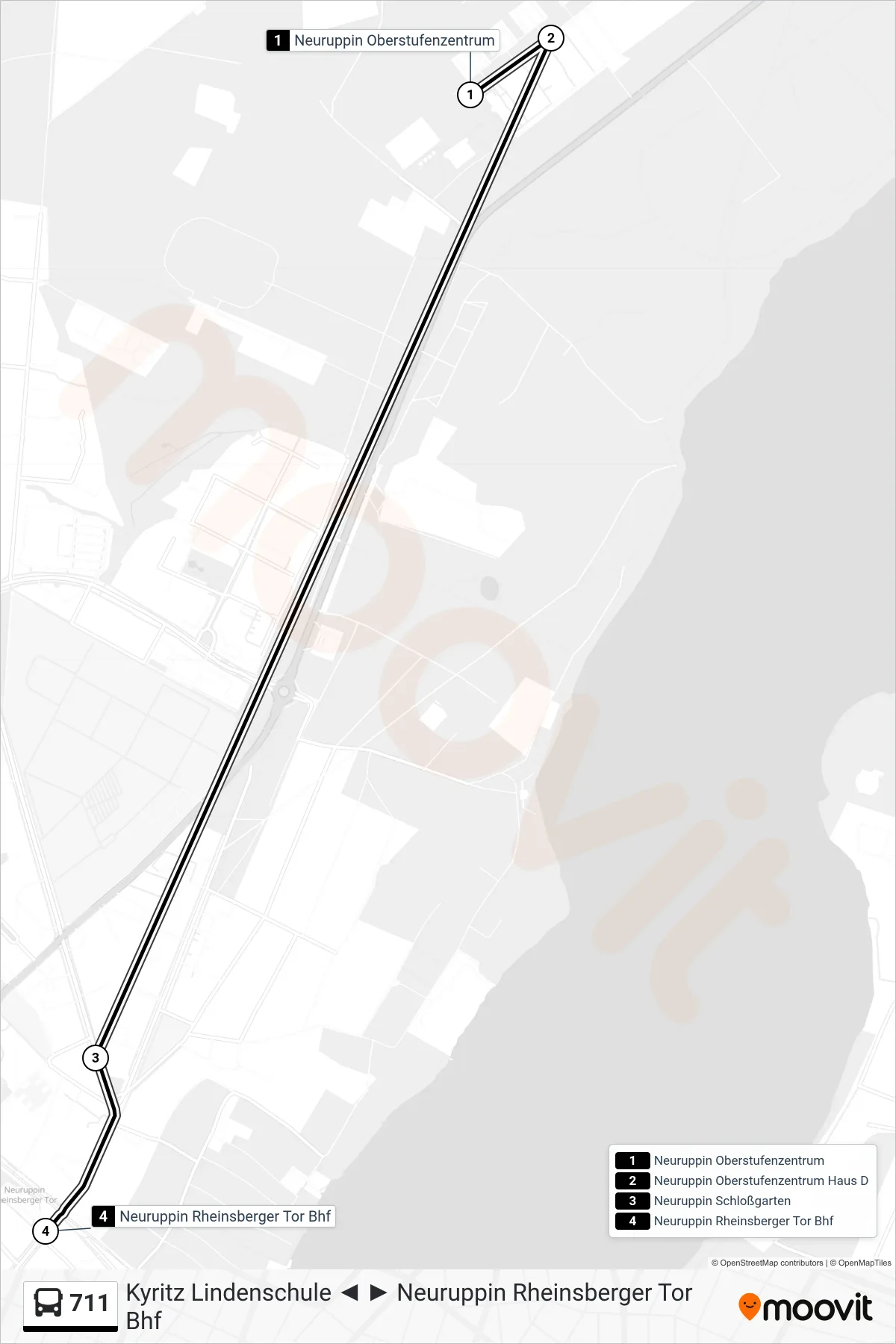 711 bus Line (Neuruppin Rheinsberger Tor Bhf) route and stops on a map