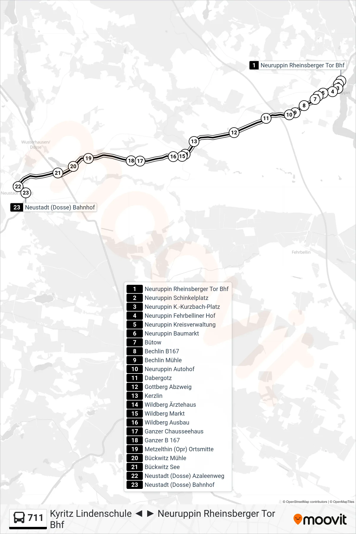 Linie 711 (Bus) Richtung Neustadt (Dosse) Bahnhof: Route und Haltestellen auf der Karte